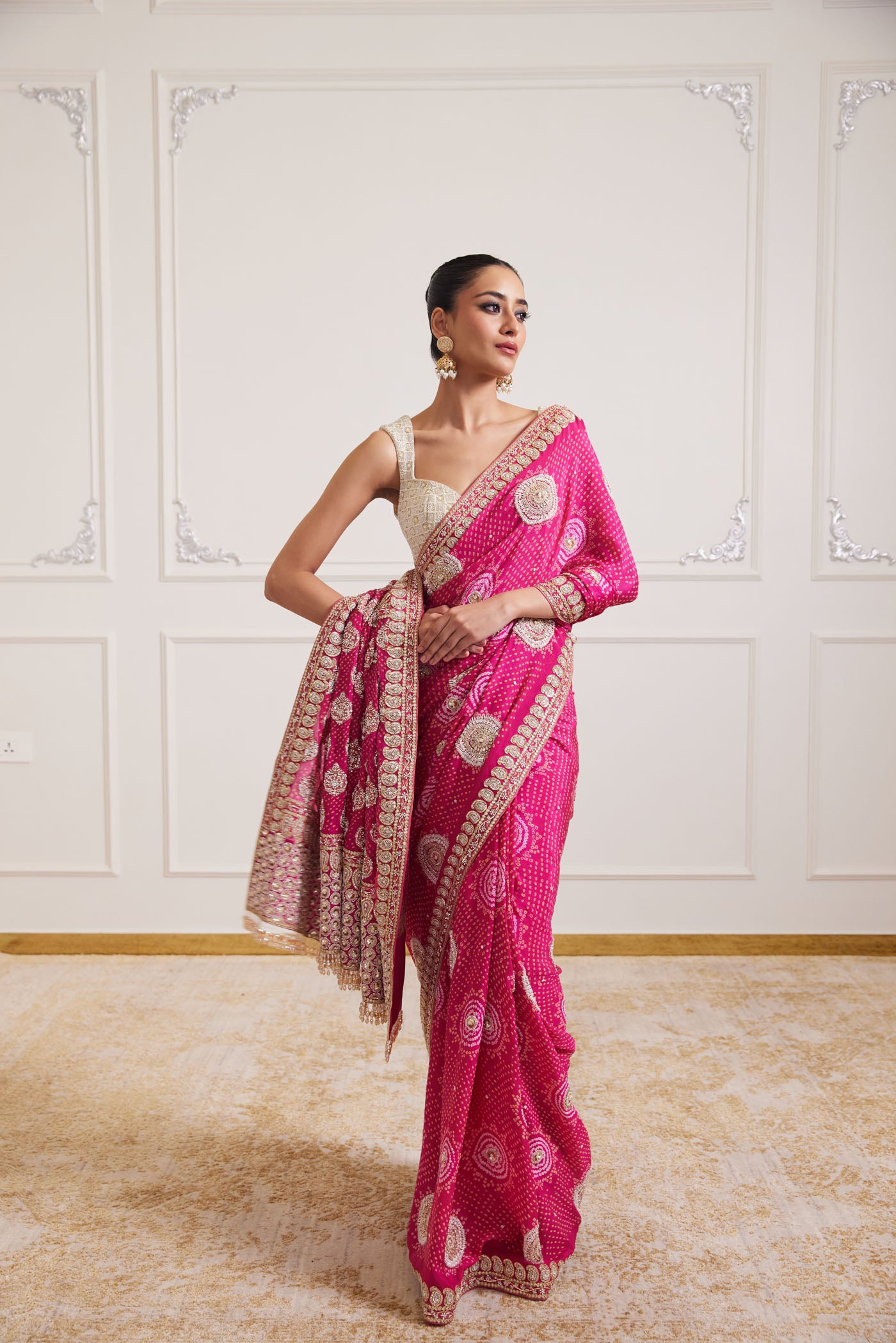 pink bandhani saree set