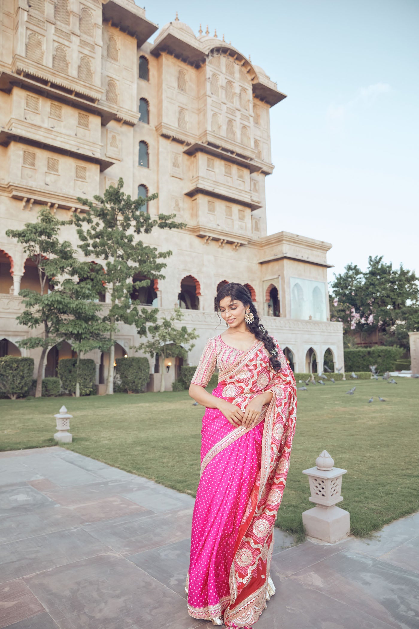Fuchsia-red Bandhani Saree