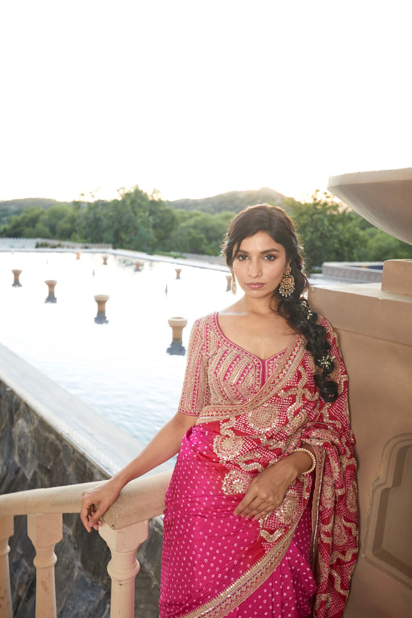 Fuchsia-red Bandhani Saree