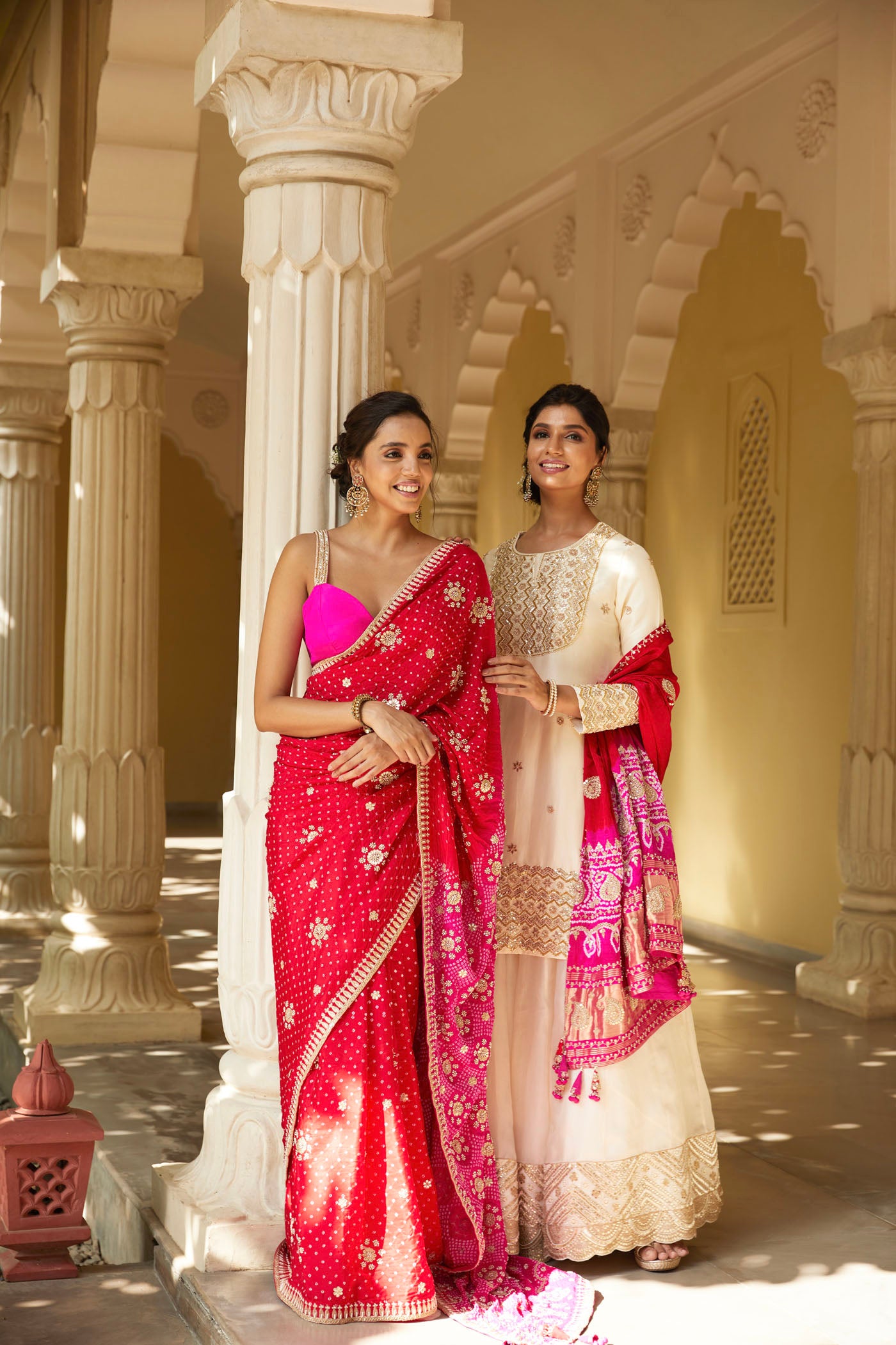 RED PINK BANDHANI SAREE SET