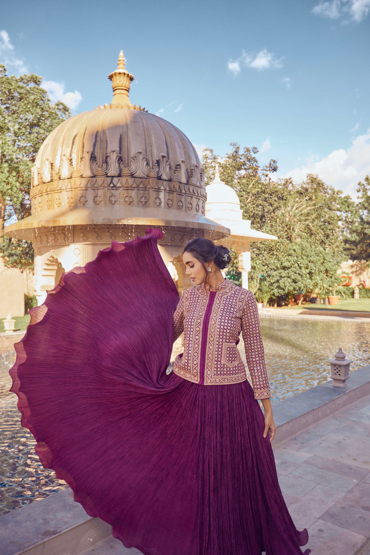 Wine Embellished Jacket With Crushed Skirt