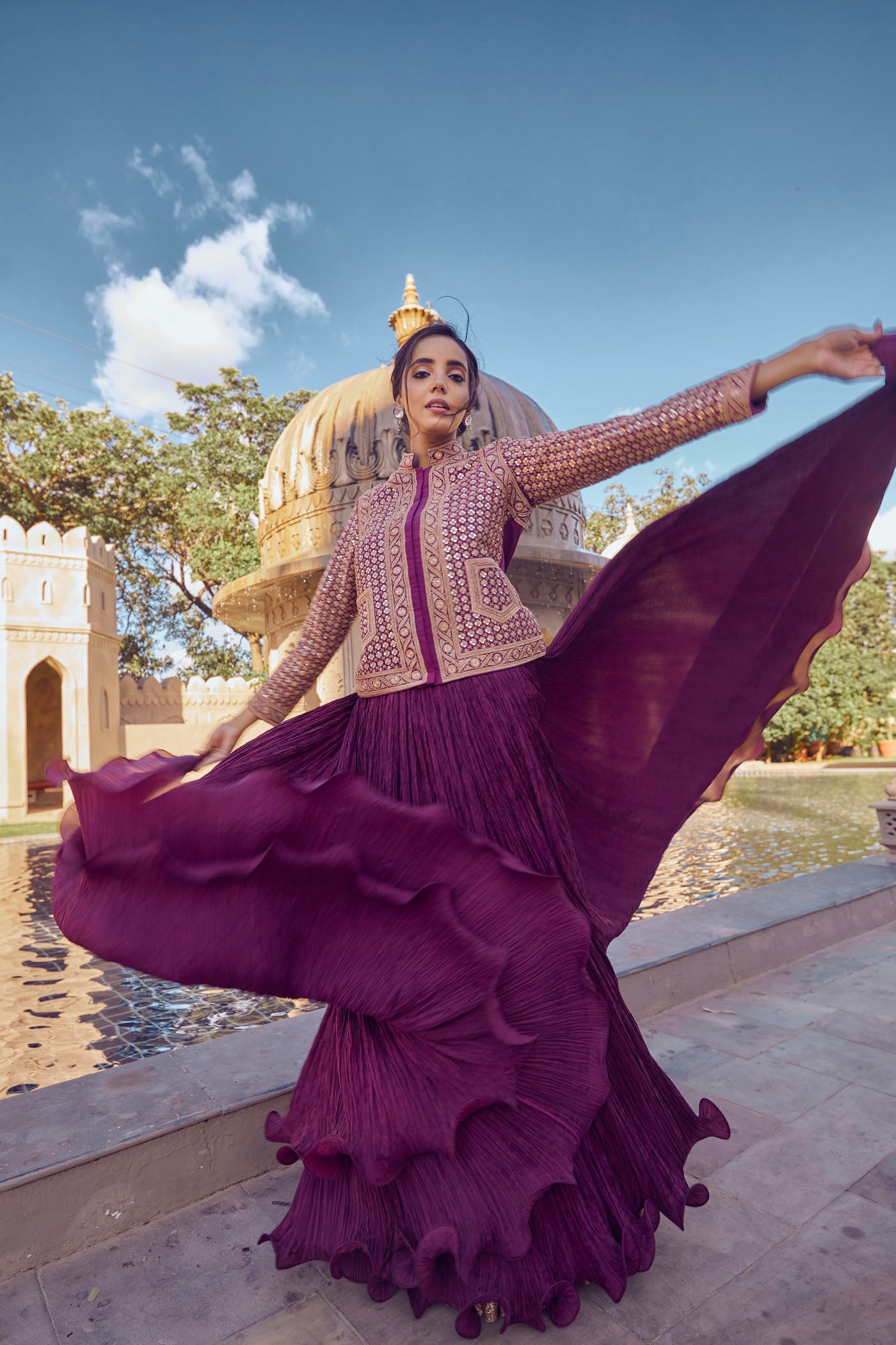 Wine Embellished Jacket With Crushed Skirt