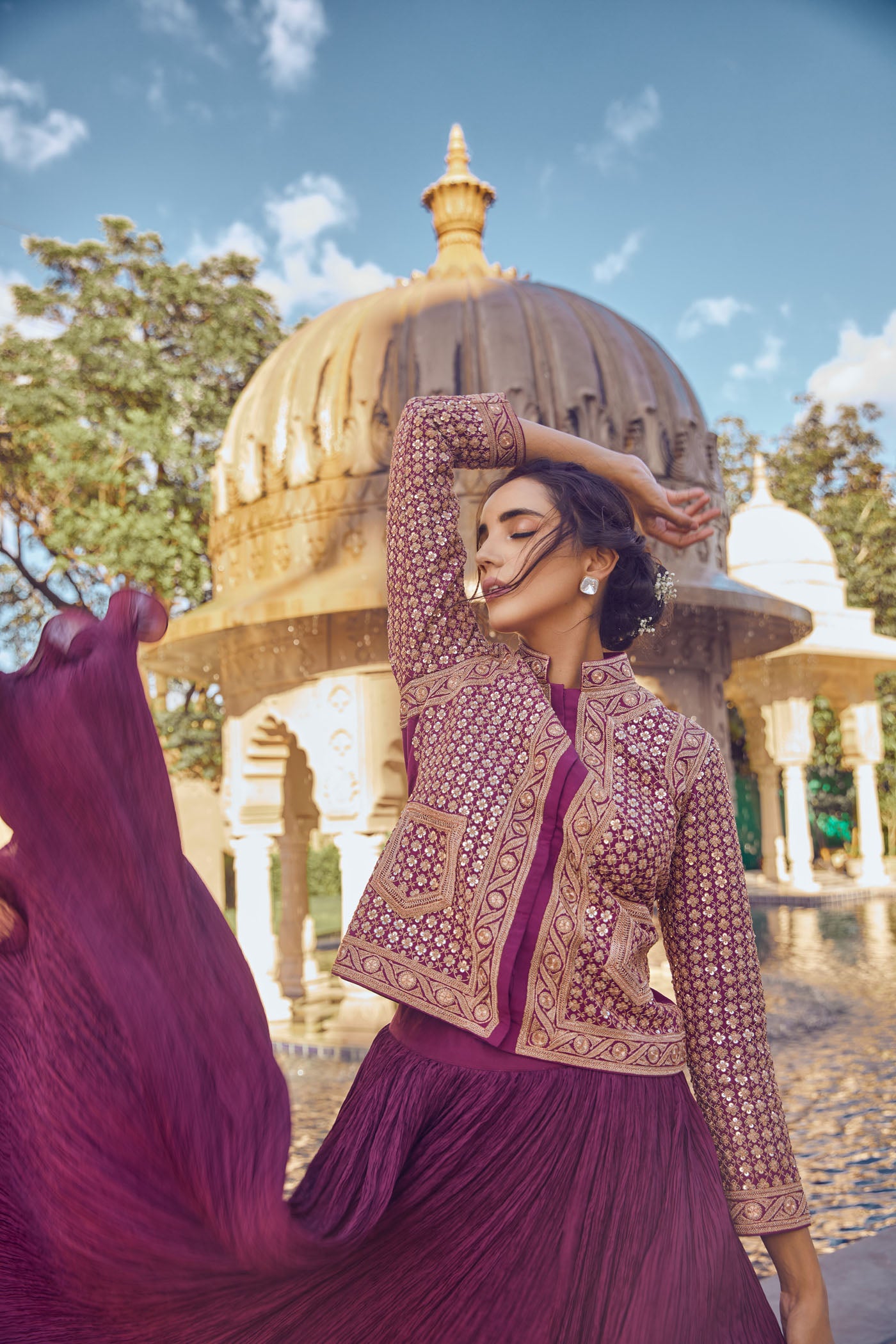 Wine Embellished Jacket With Crushed Skirt