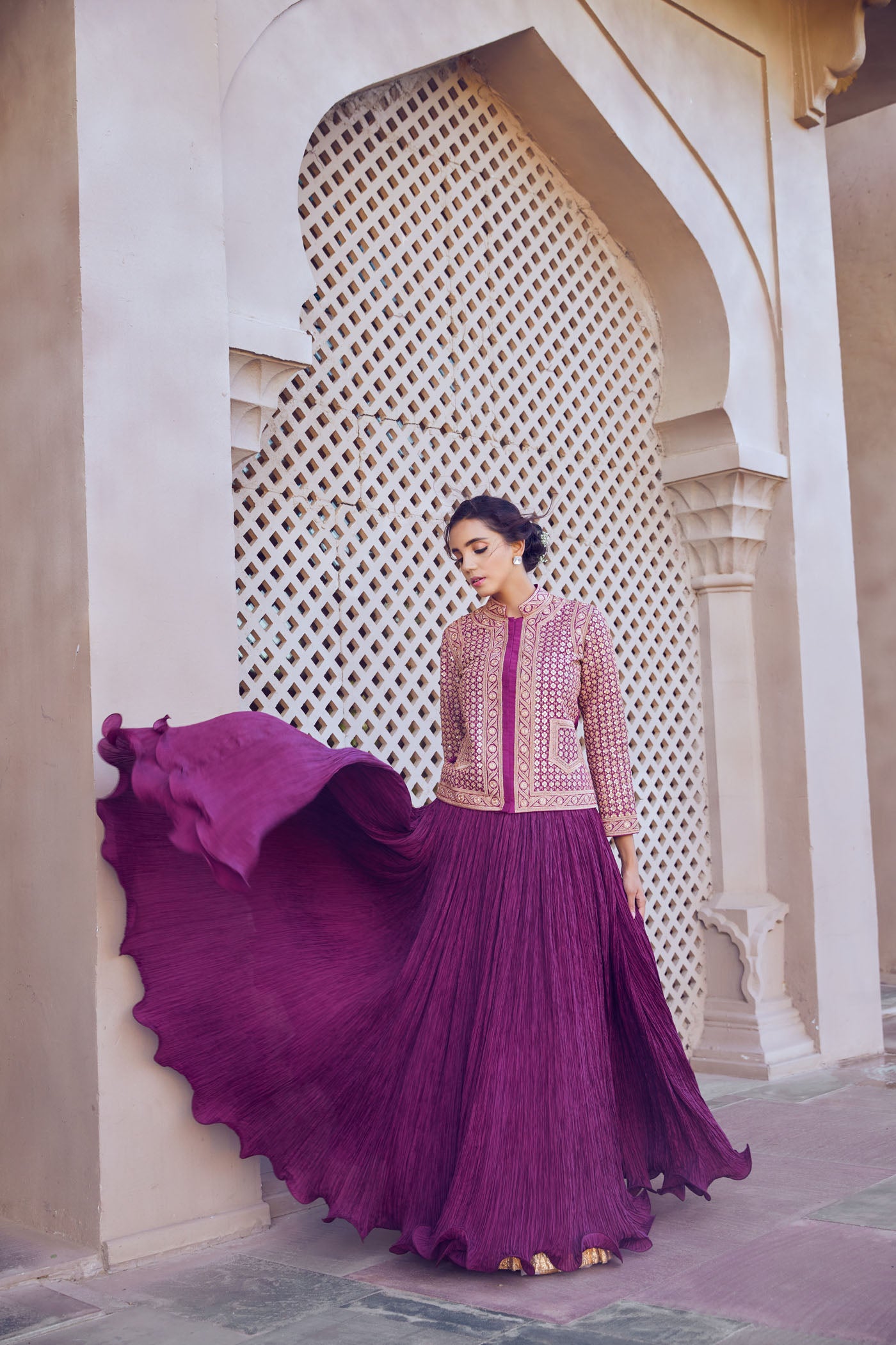 Wine Embellished Jacket With Crushed Skirt