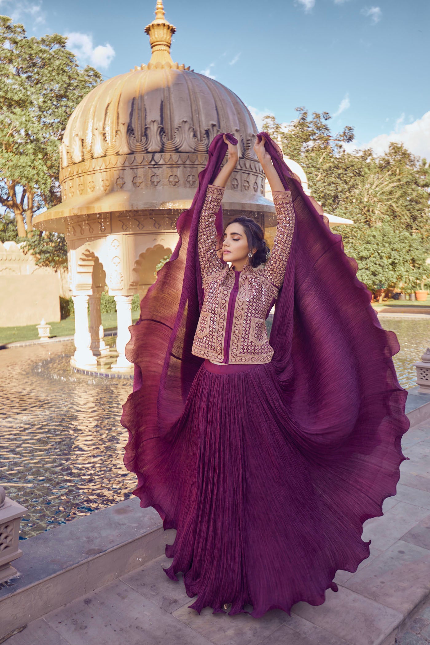 Wine Embellished Jacket With Crushed Skirt