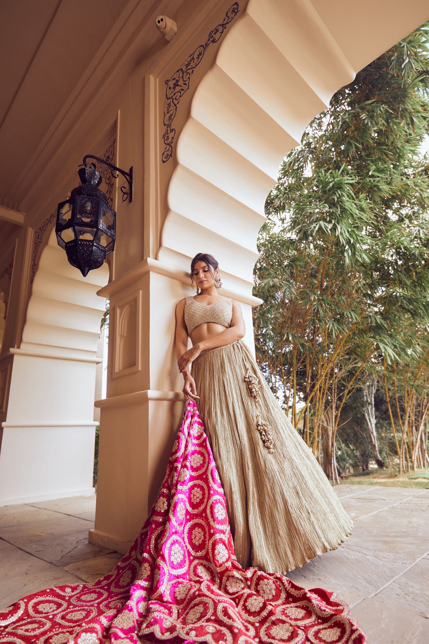 Green Crushed Silk Lehenga Set