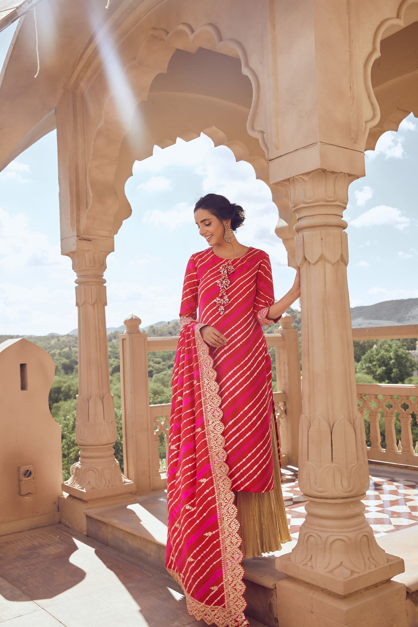 Red pink leheriya kurta set