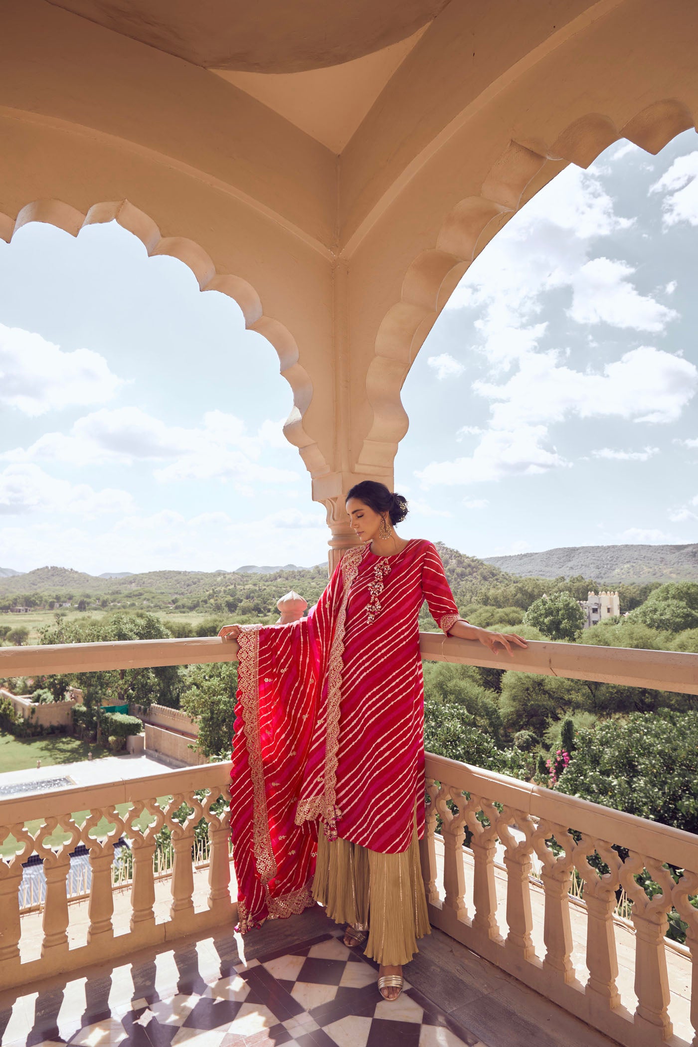 Red pink leheriya kurta set