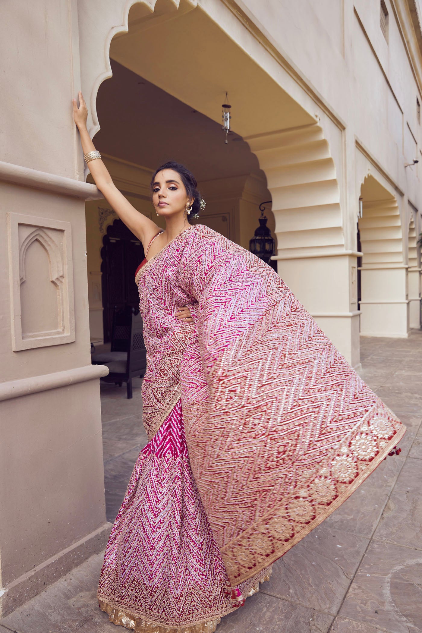 Pink embroidered bandhani saree