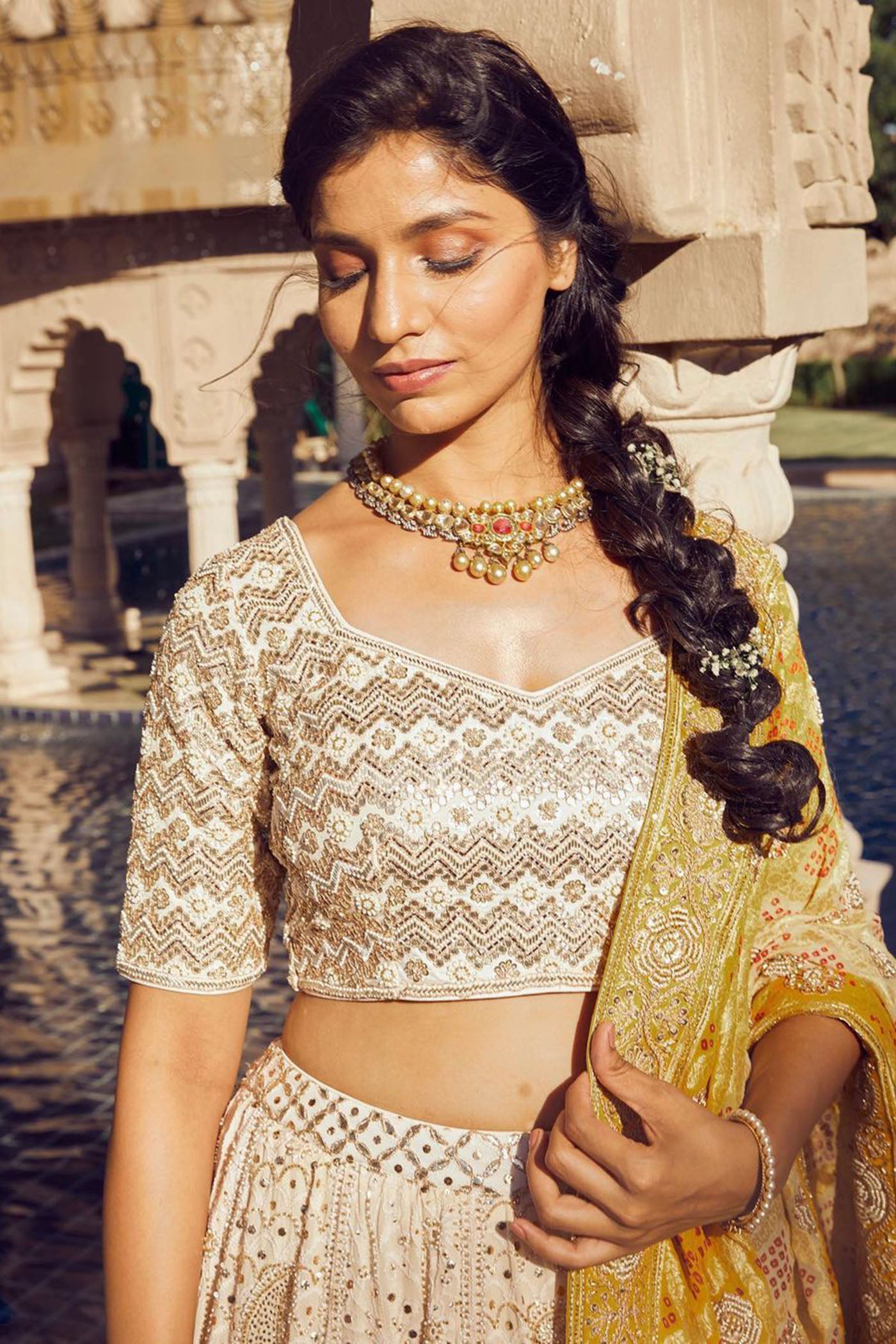 Ivory Embroidered Lehenga With Mustard Bandhani Dupatta