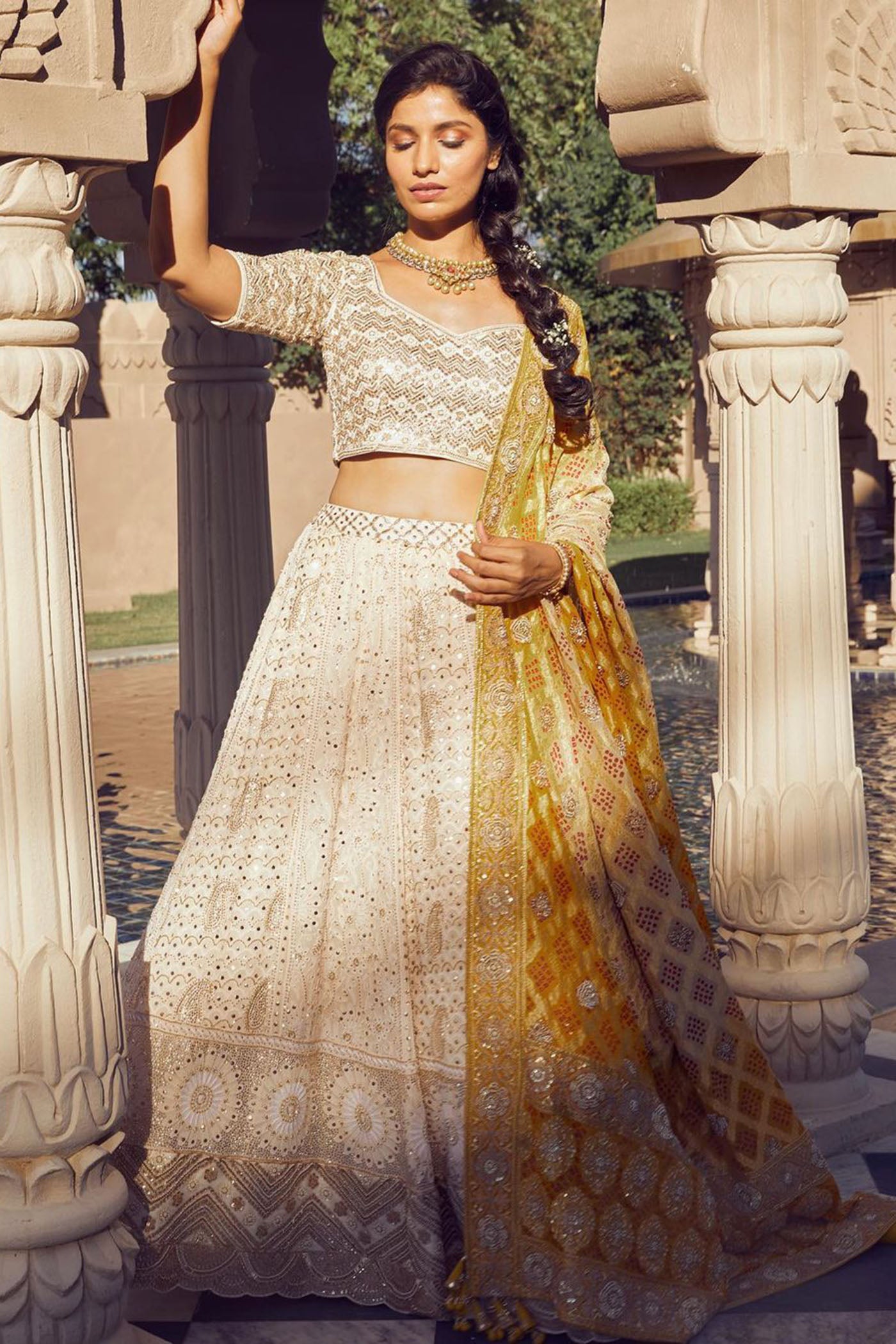 Ivory Embroidered Lehenga With Mustard Bandhani Dupatta
