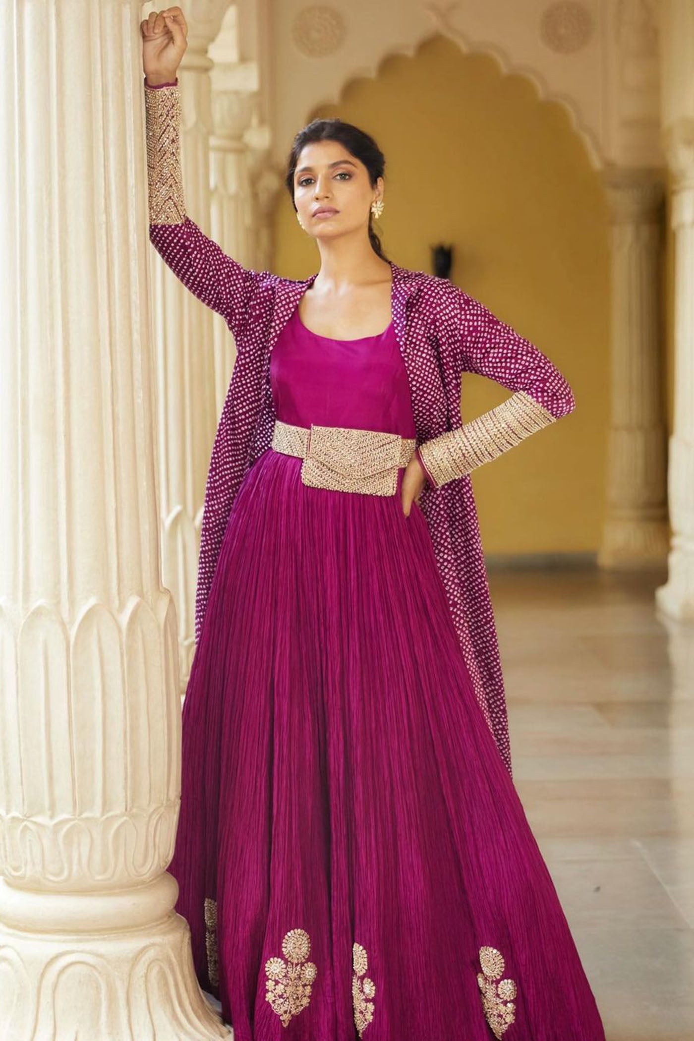 purple Crushed Silk Bandhani Jacket Set