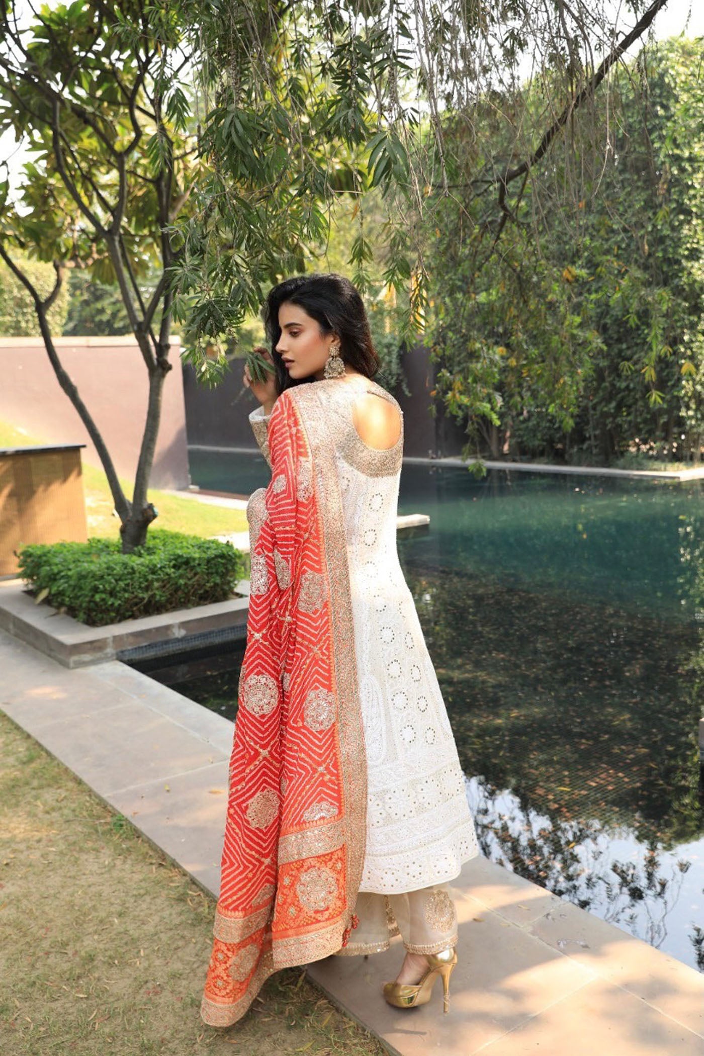 Ivory Embroidered Suit With Orange Bandhani Dupatta
