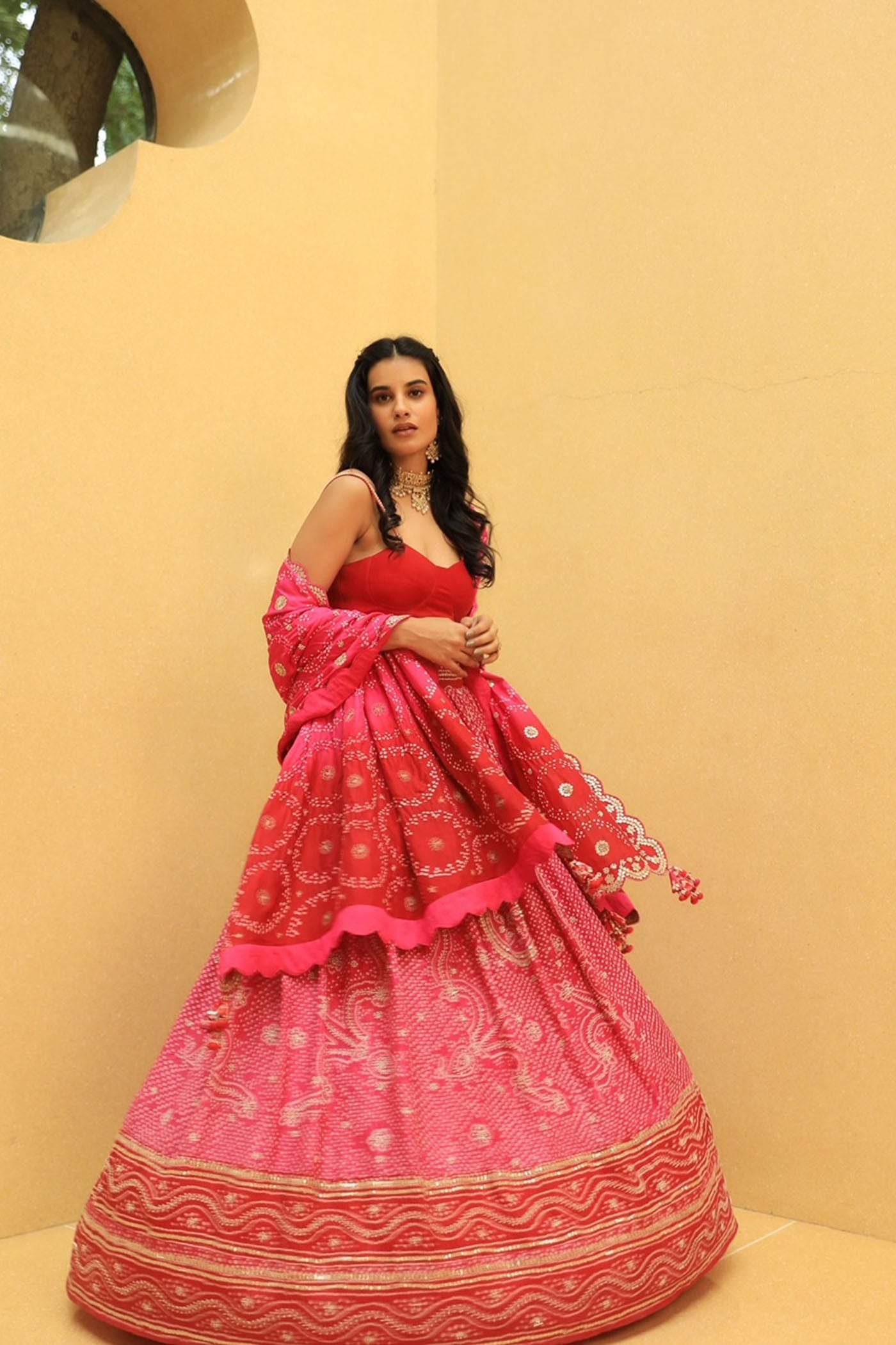 RED -PINK BANDHANI LEHENGA SET