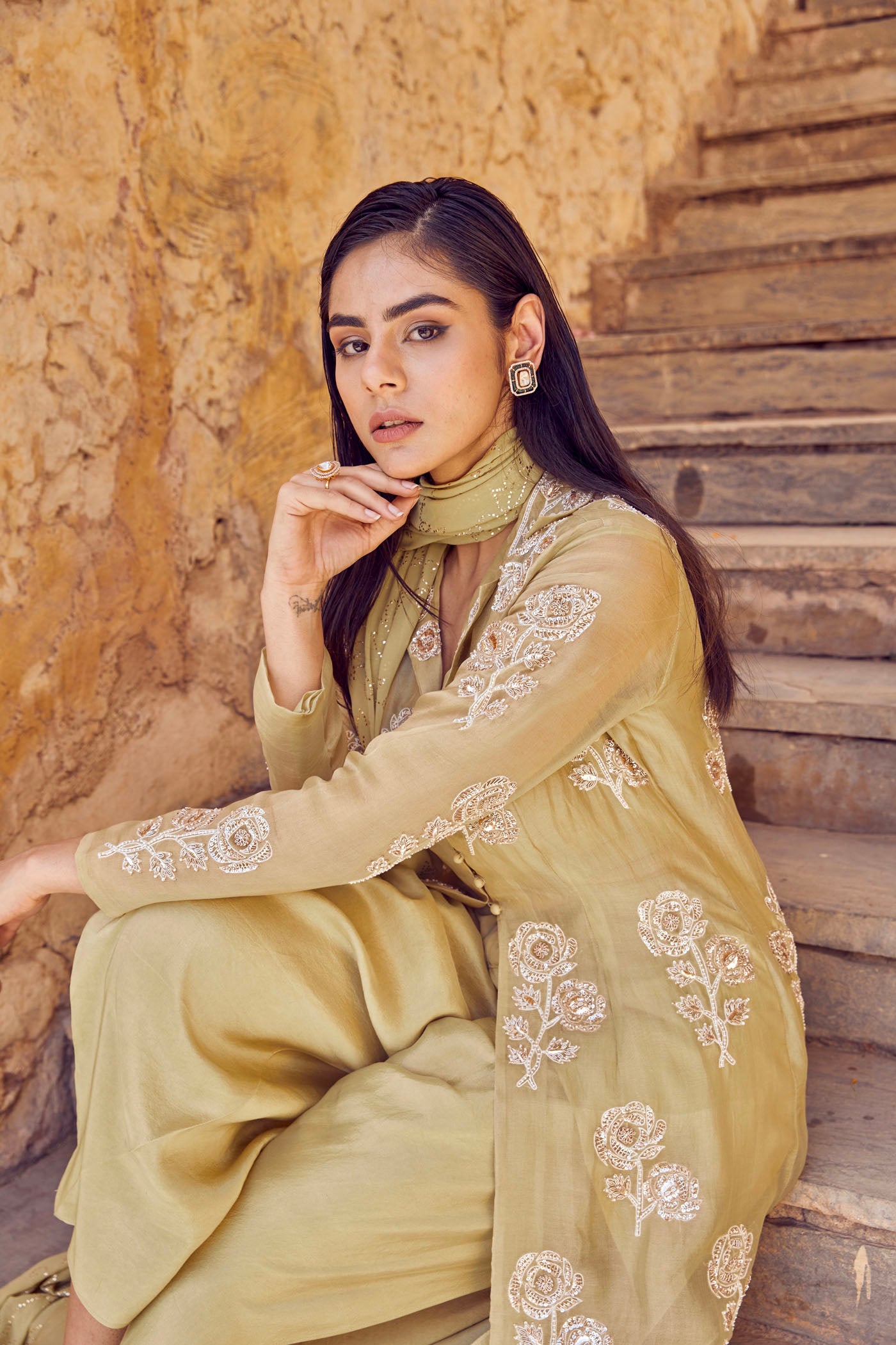 Sage Embroidered Trench Set With Bustier & Dhoti Pants