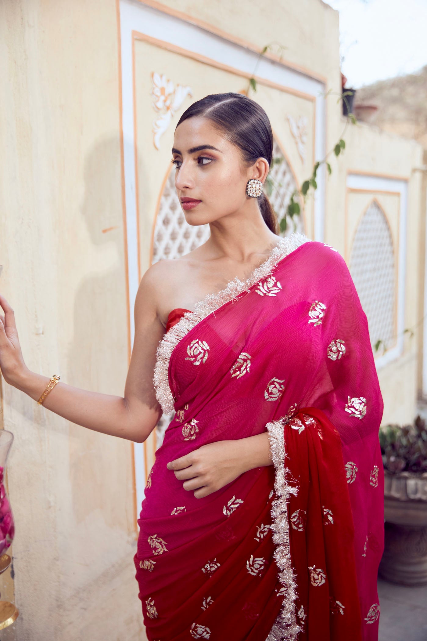 Cadmium Red Georgette Saree Set