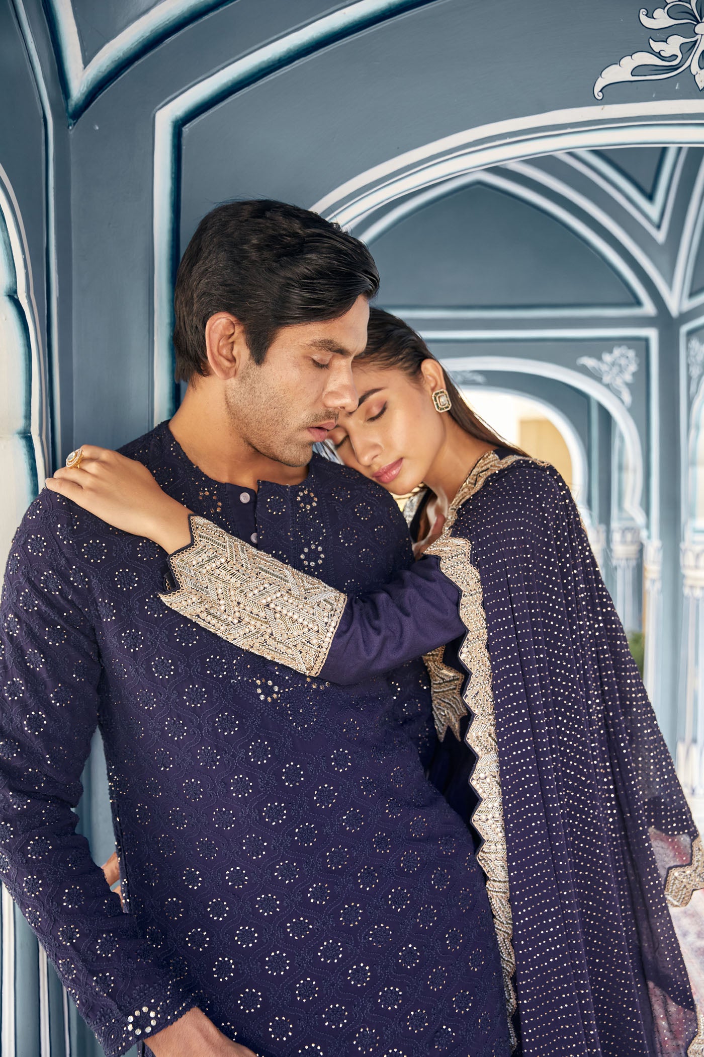 Navy Chikankari Kurta Set With Mukaish Work