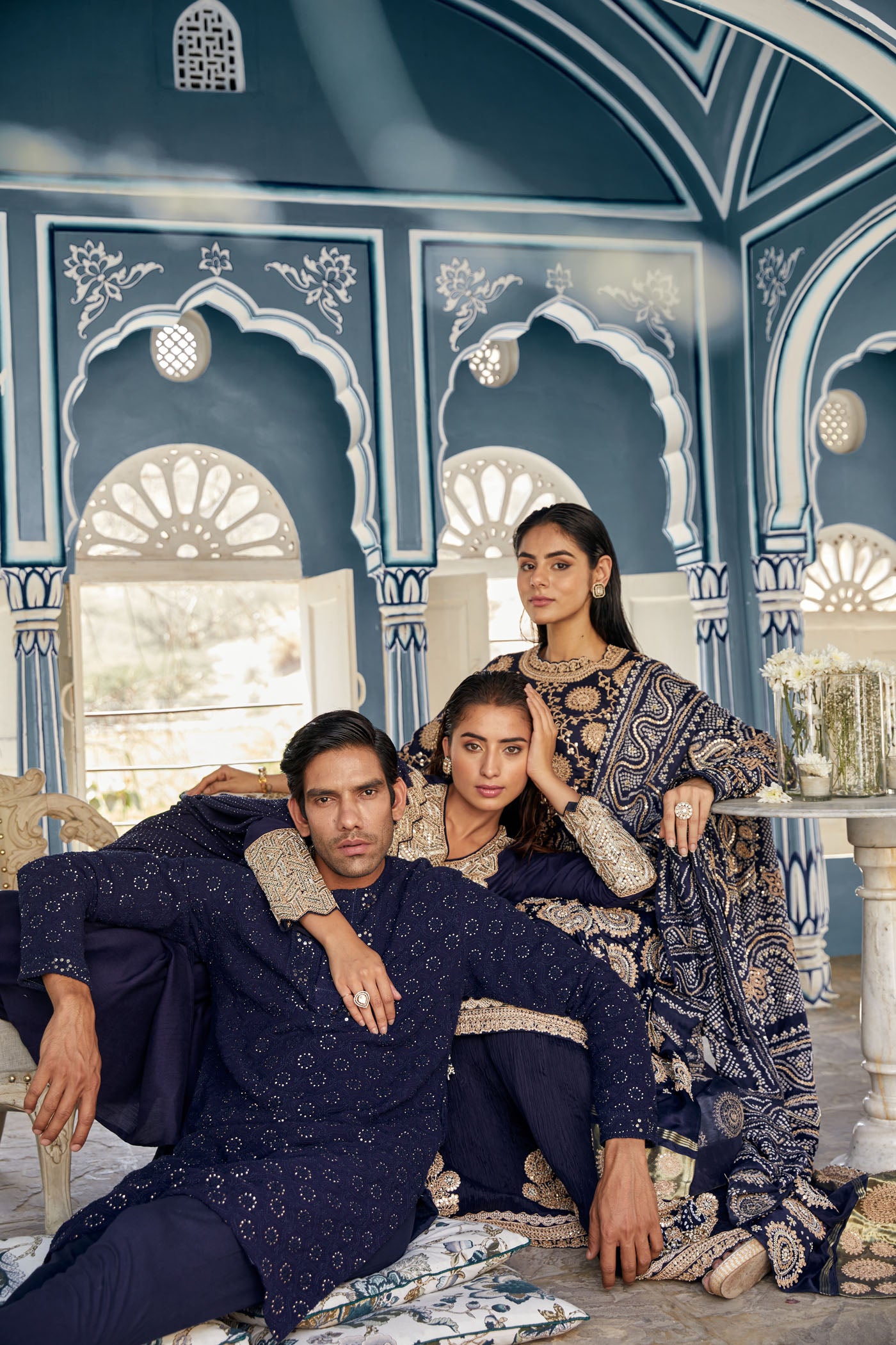 Navy Blue Silk Crushed Sharara Set