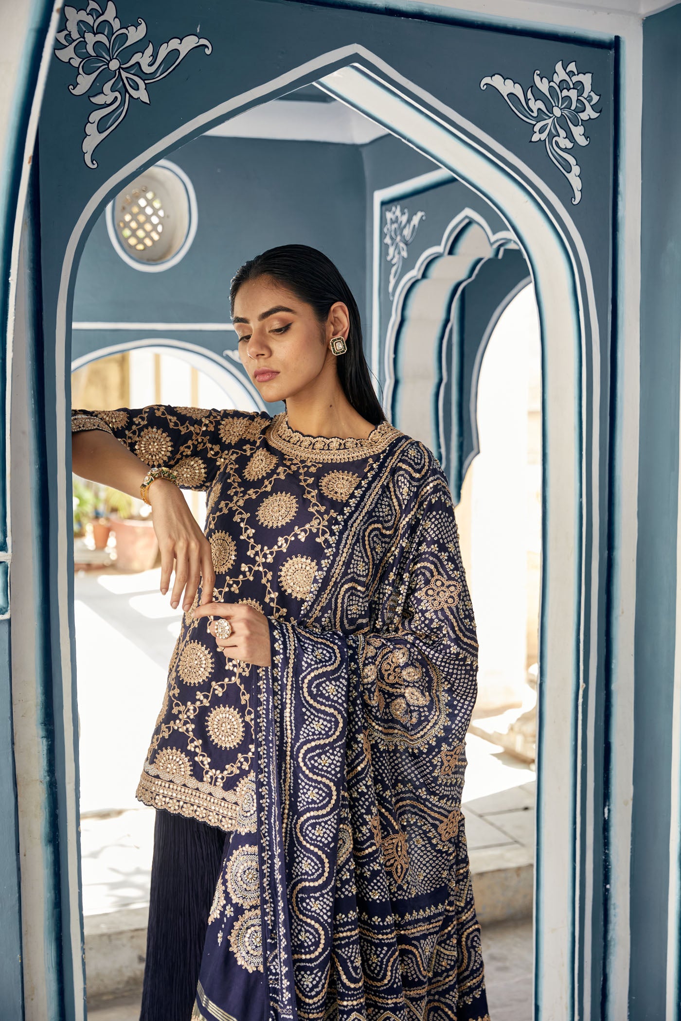Navy Blue Silk Crushed Sharara Set