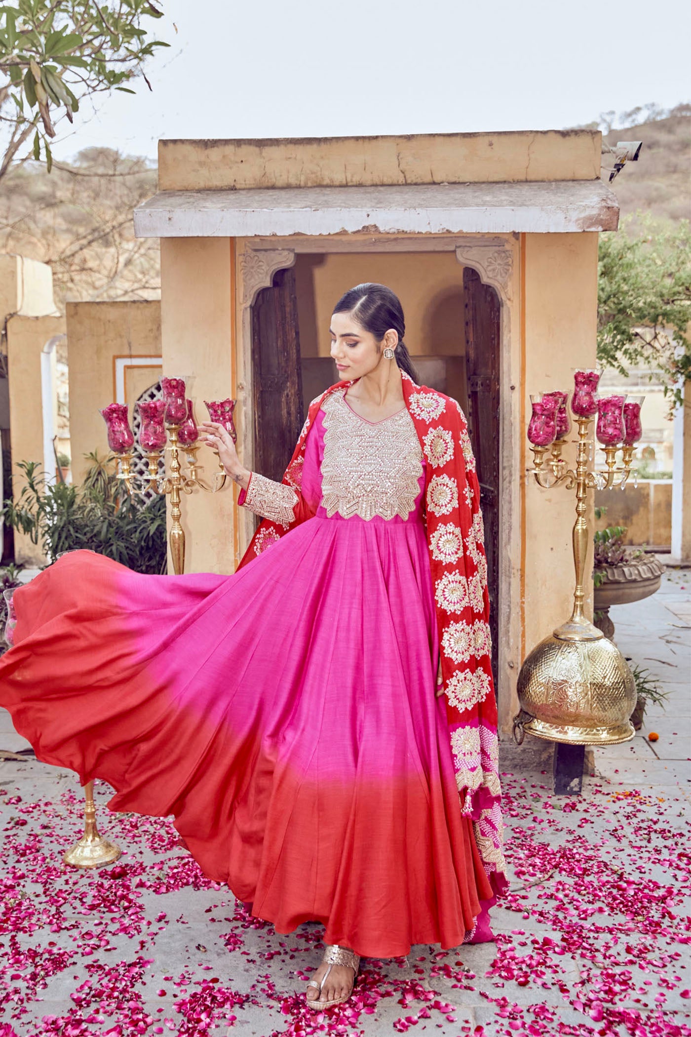 Cherry Red & Pink Anarkali Set