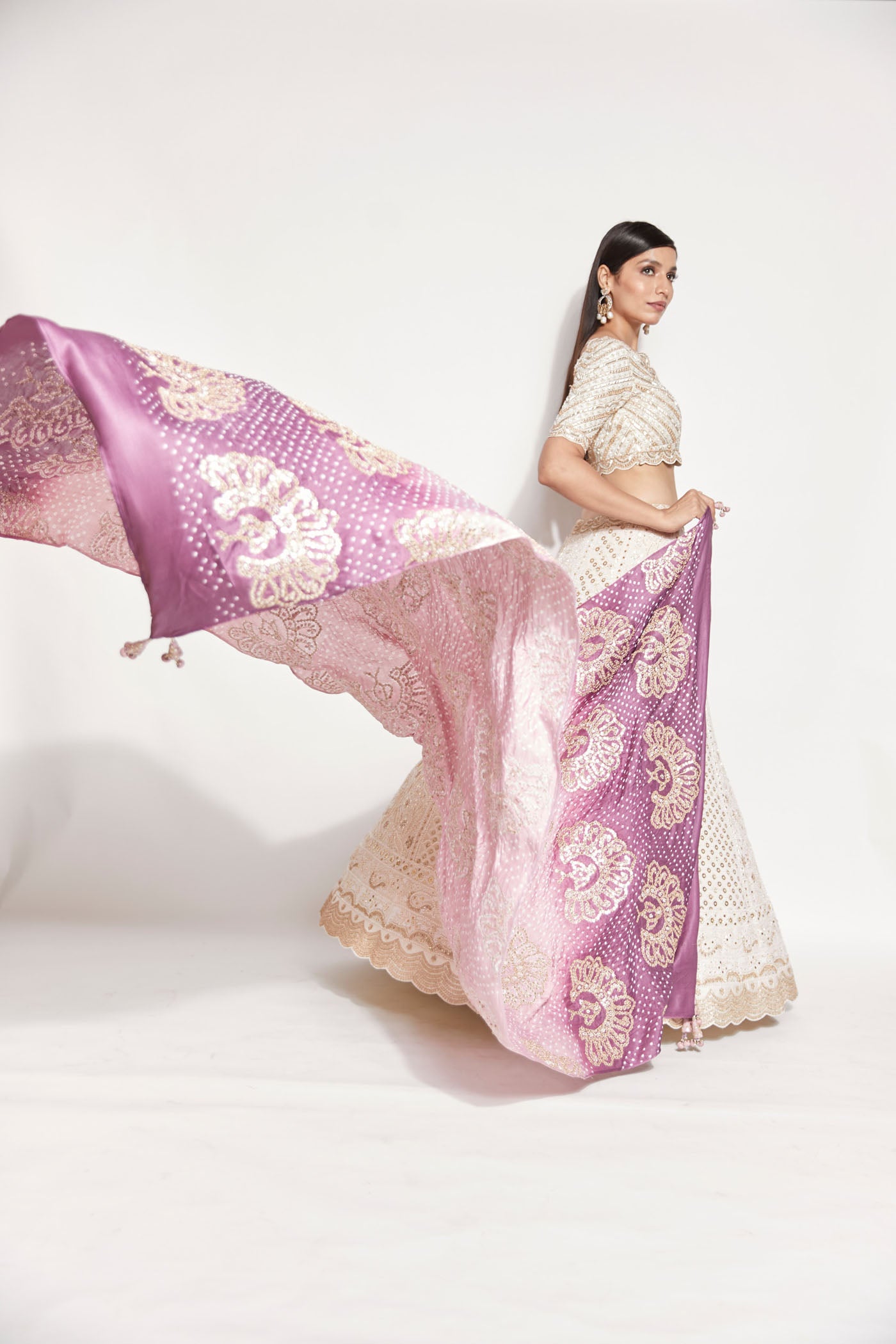 Ivory Chikankari Lehenga With Lilac Bandhani Dupatta