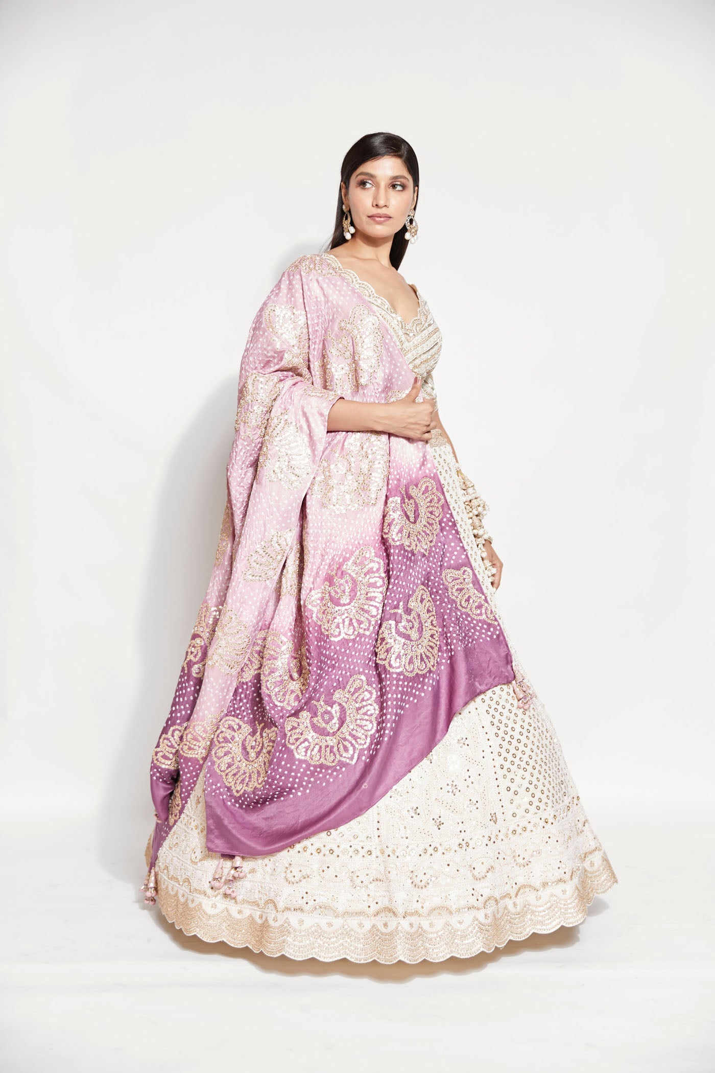 Ivory Chikankari Lehenga With Lilac Bandhani Dupatta