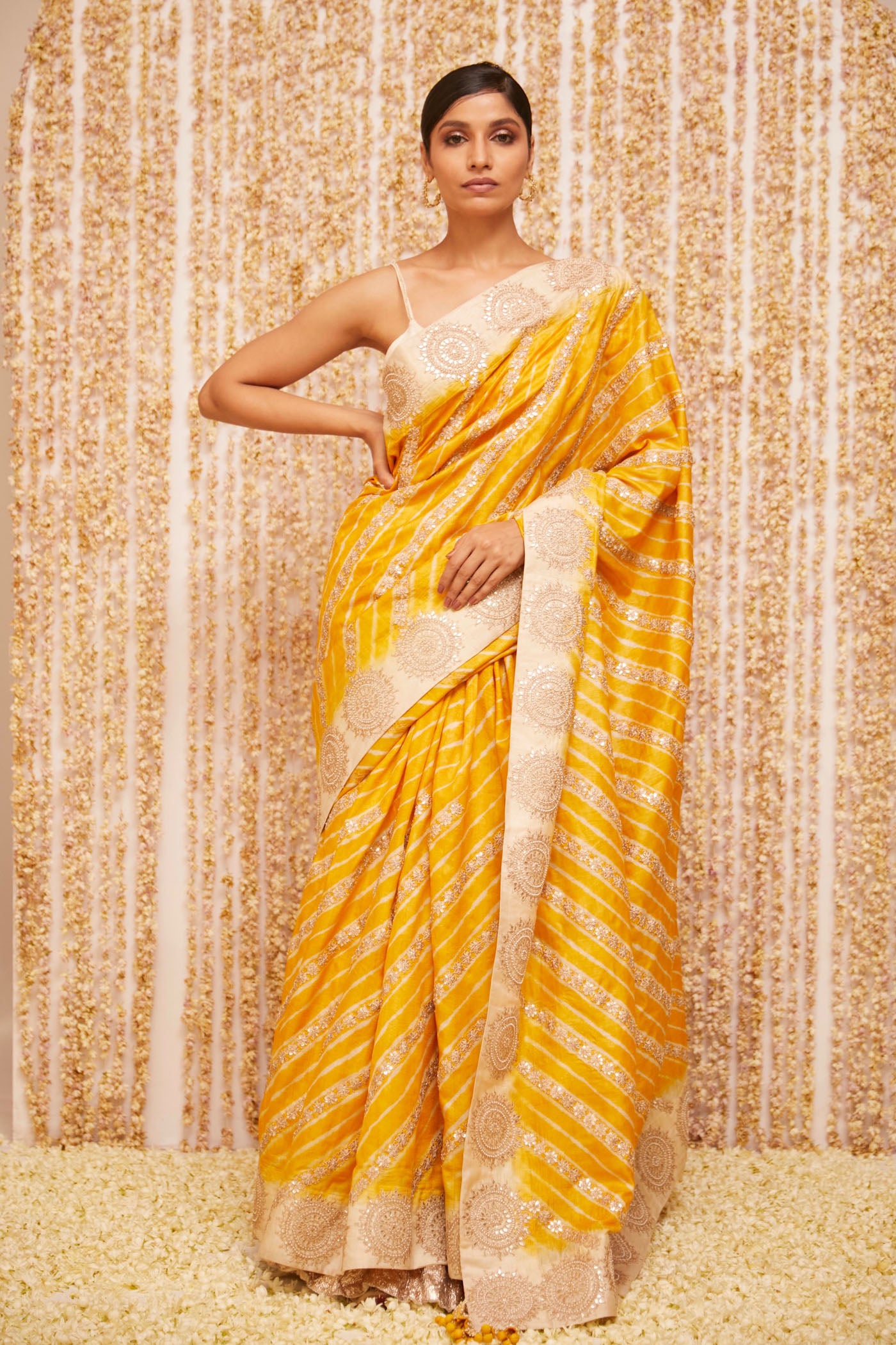 Yellow Leheriya Saree With Embroidered Border
