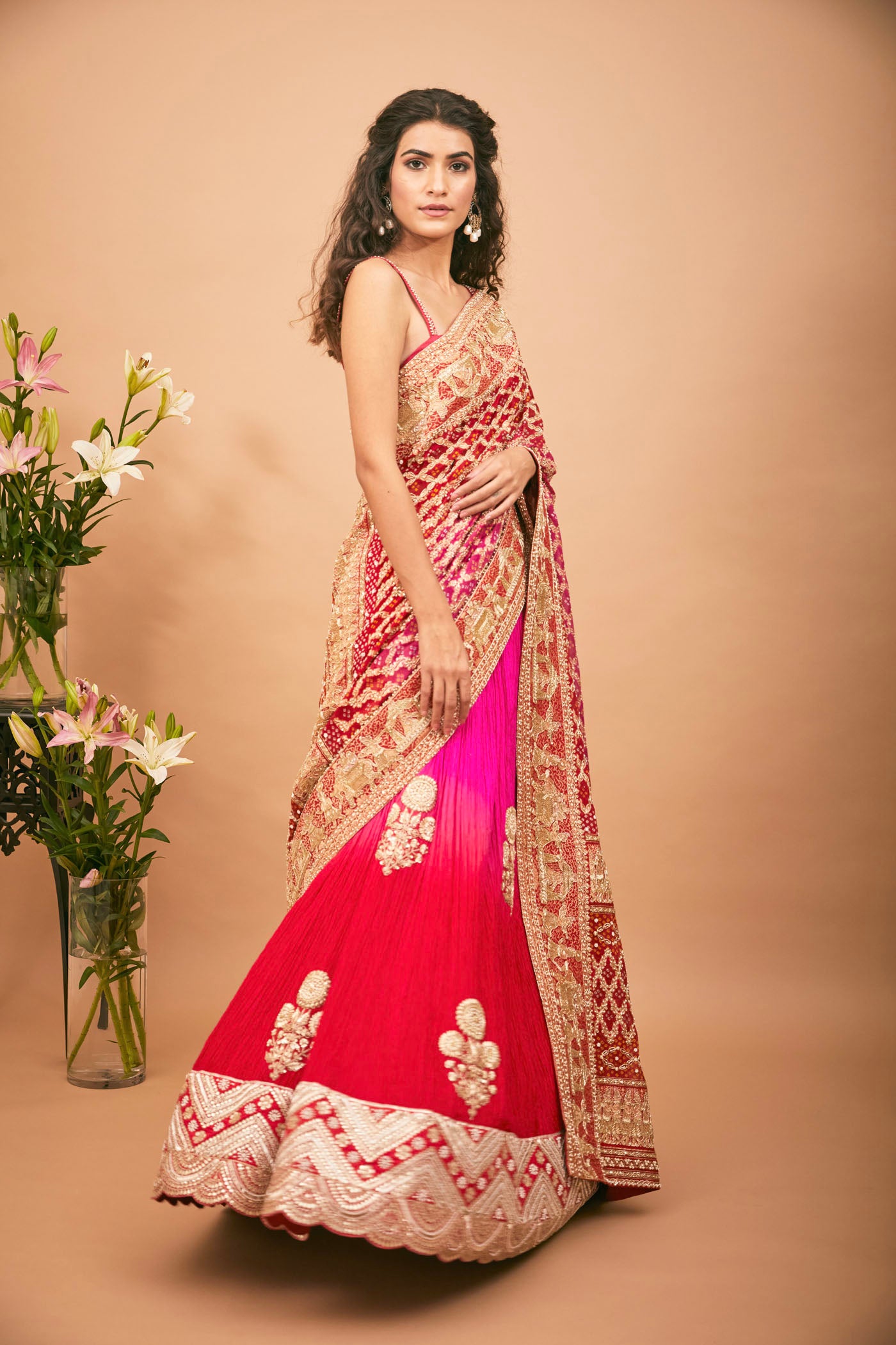 RED PINK LEHENGA SAREE SET