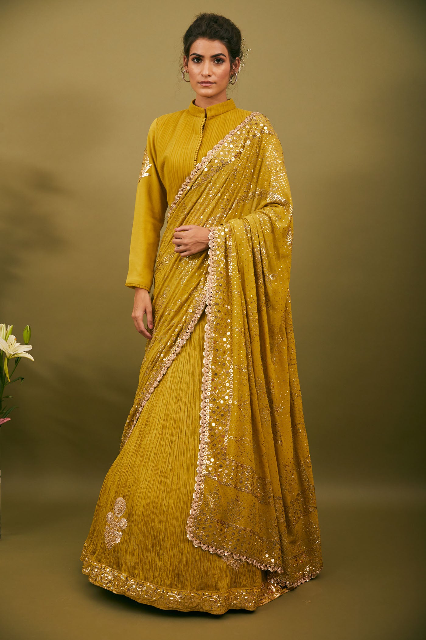 Olive Green Crushed Silk Lehenga Saree Set