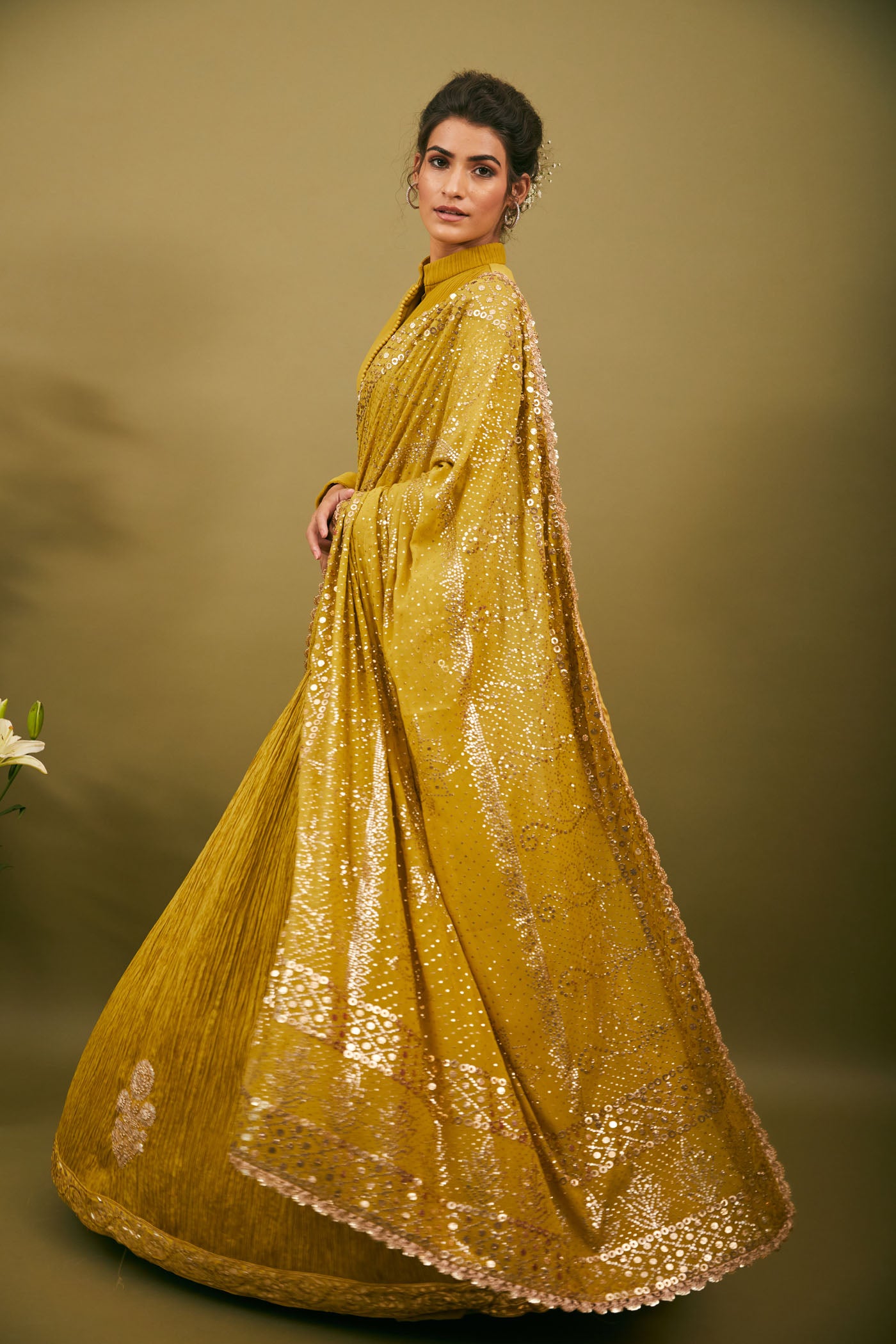 Olive Green Crushed Silk Lehenga Saree Set