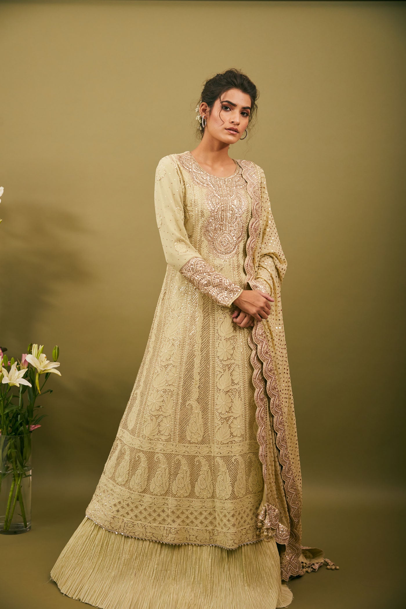 Pista Green Georgette Lucknowi Anarkali Set