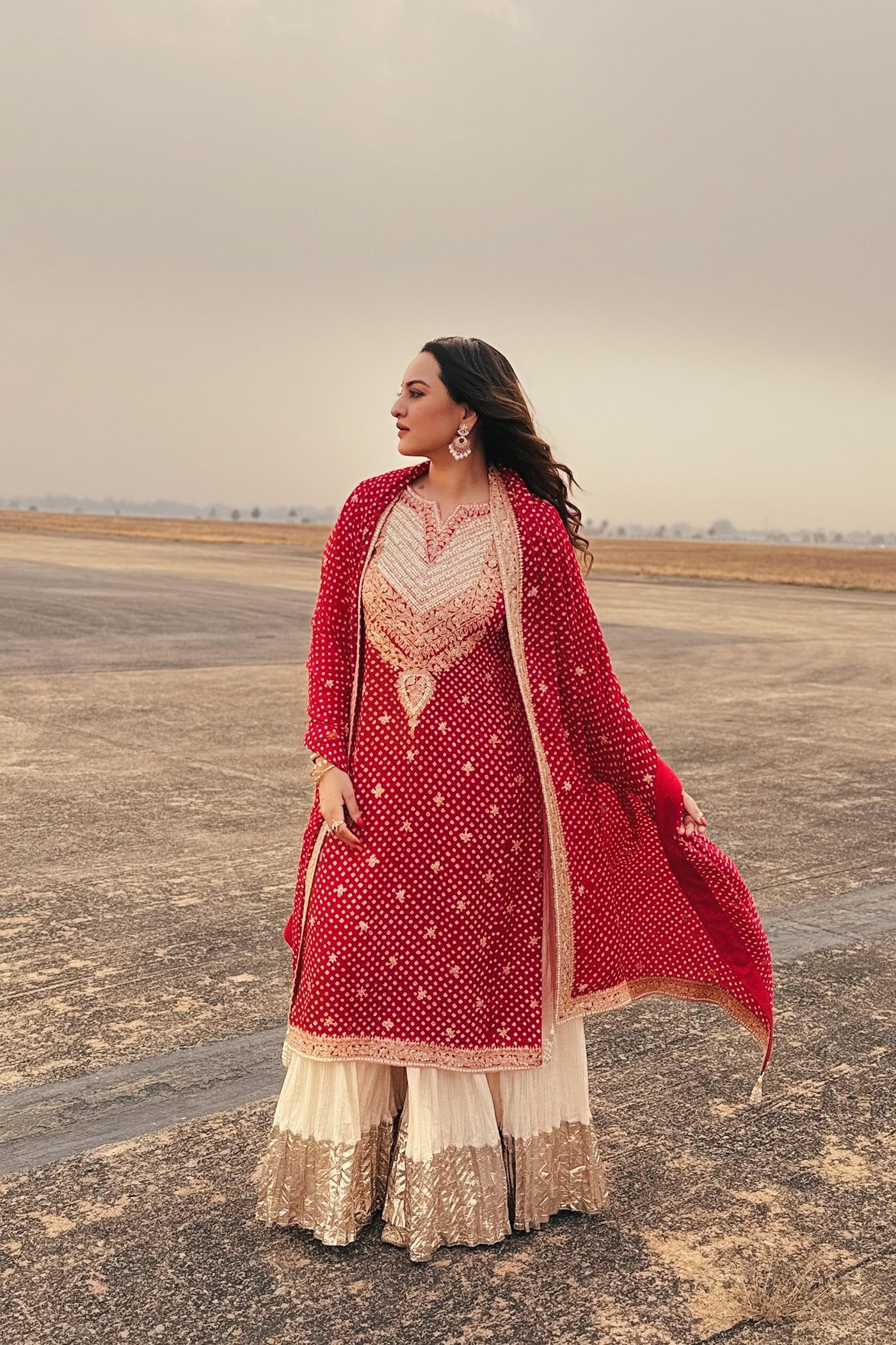 Red Bandhani Gajji Silk Heavy Yoke Kurta Set