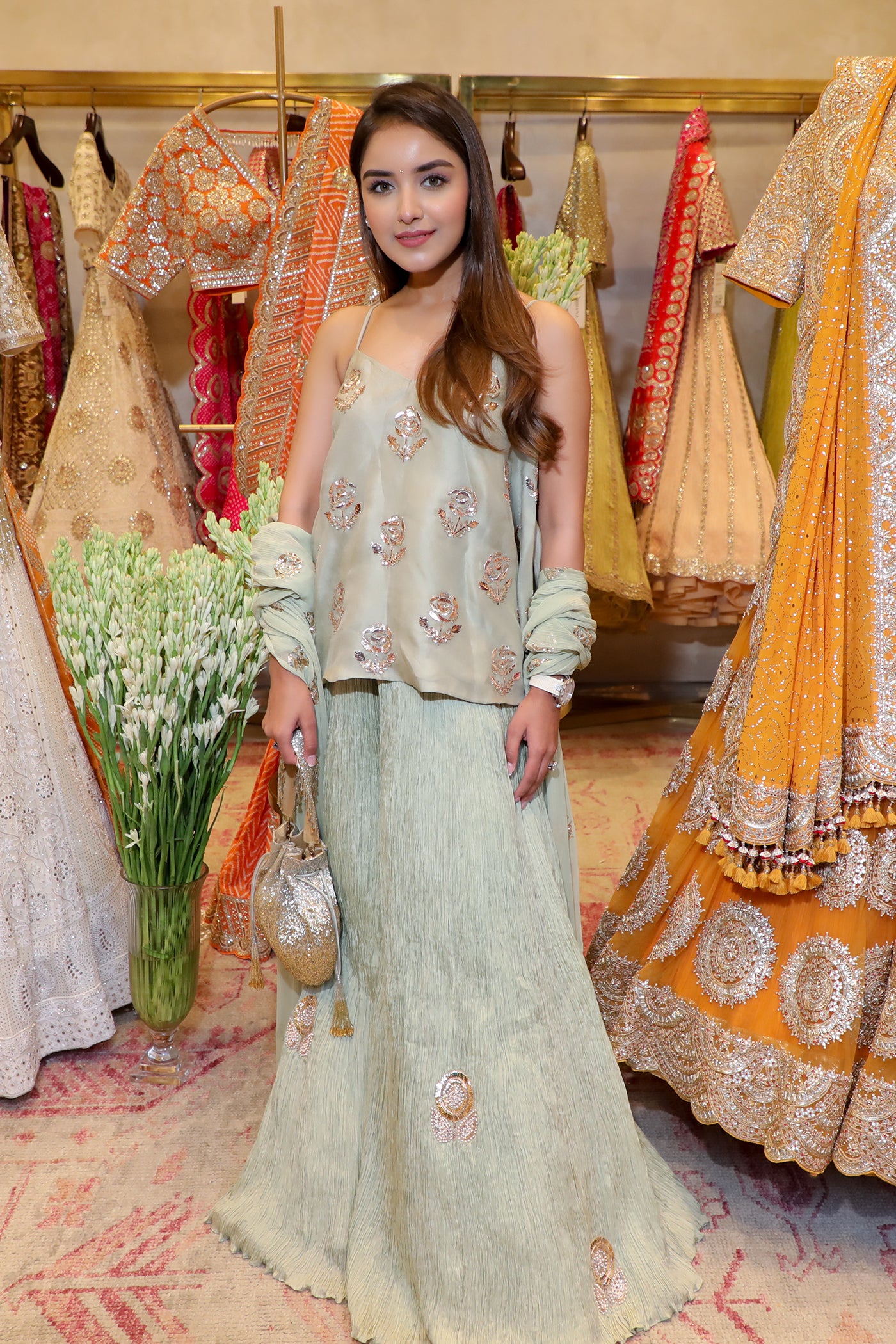 Sage Green Embroidered Peplum Sharara Set