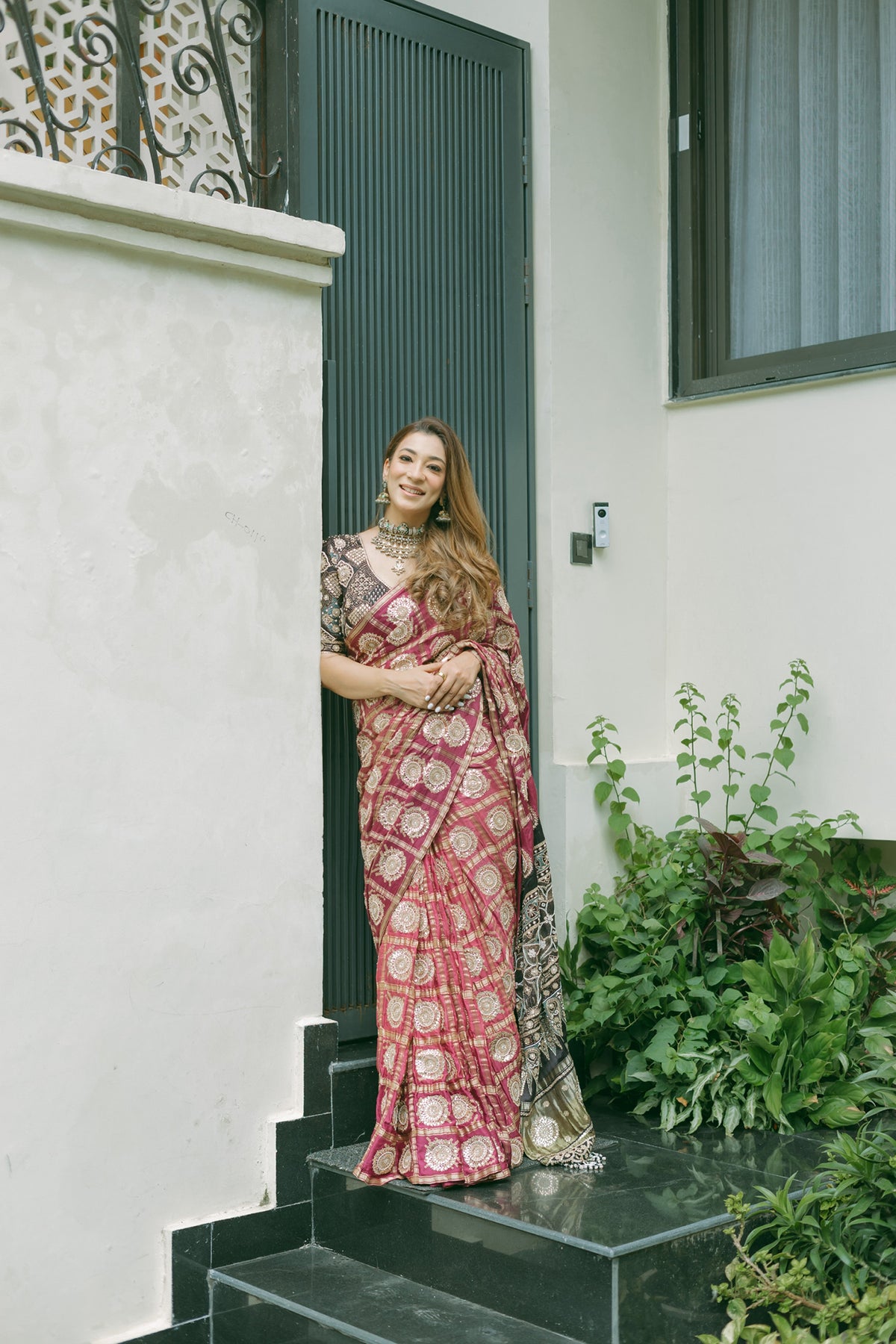 Pariza IN Wine Ghatchola Ajrak Saree With Blouse
