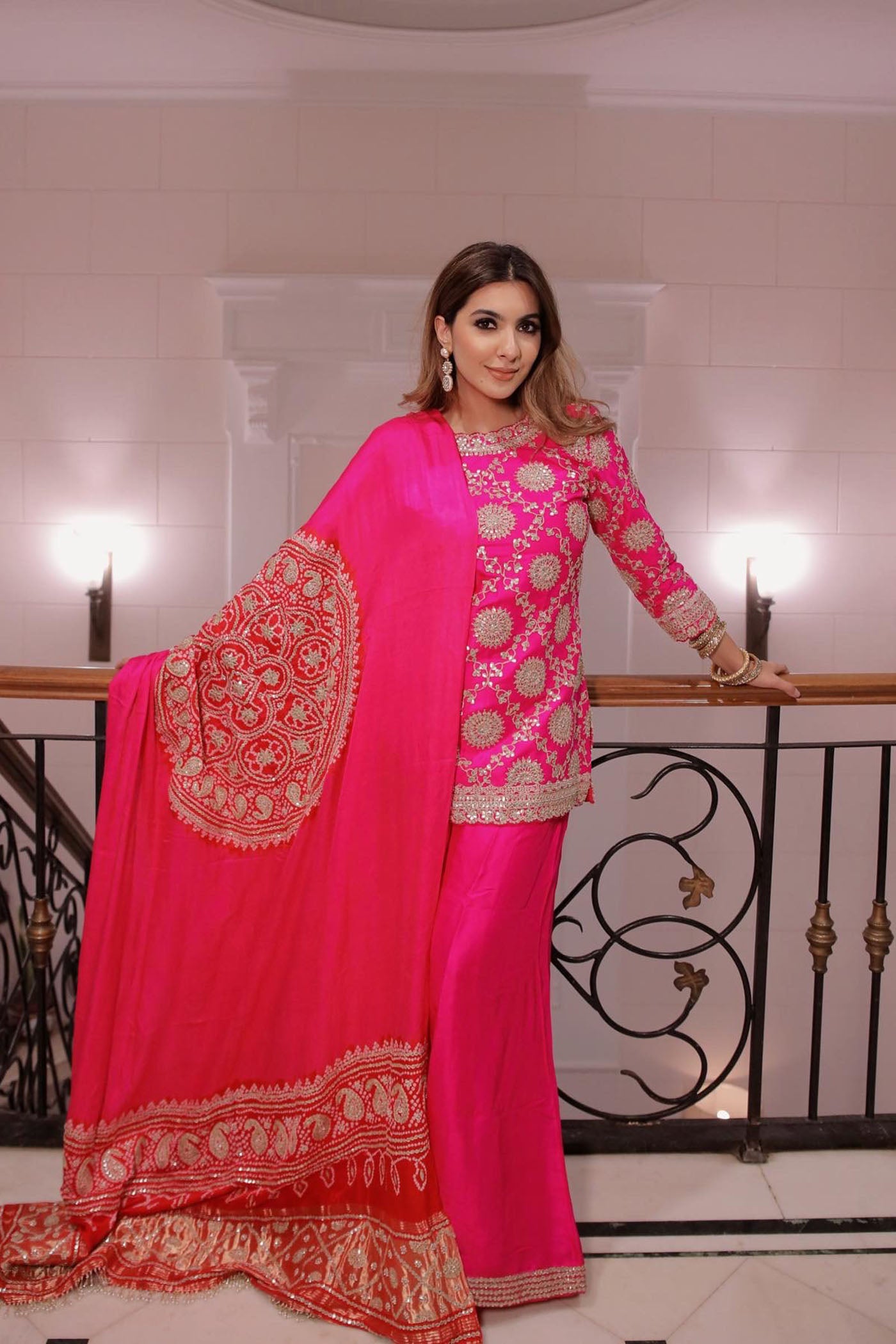 Hot Pink Embroidered Kurta Sharara Set
