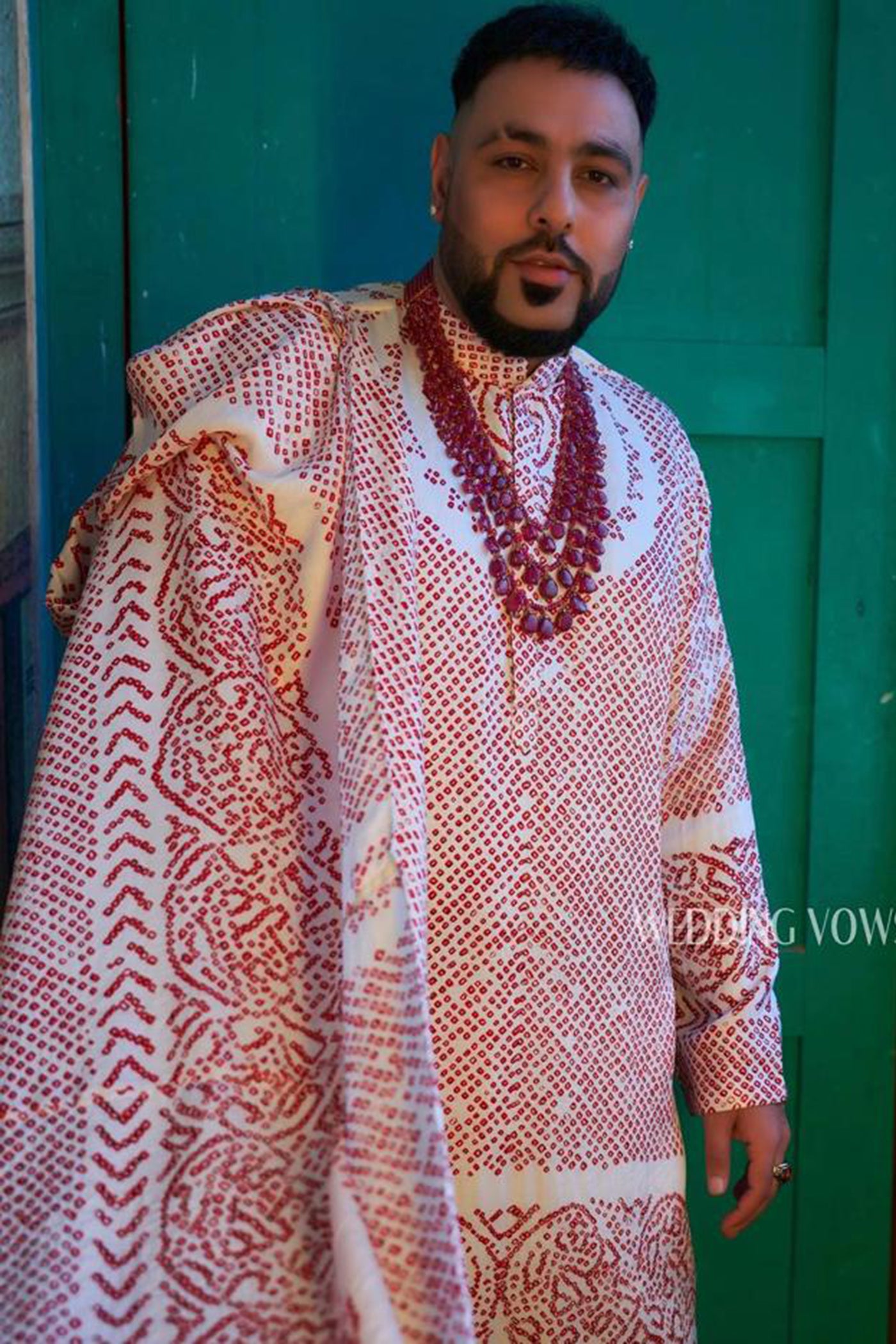 Ivory and Red Bandhni Kurta Set with Matching Stole