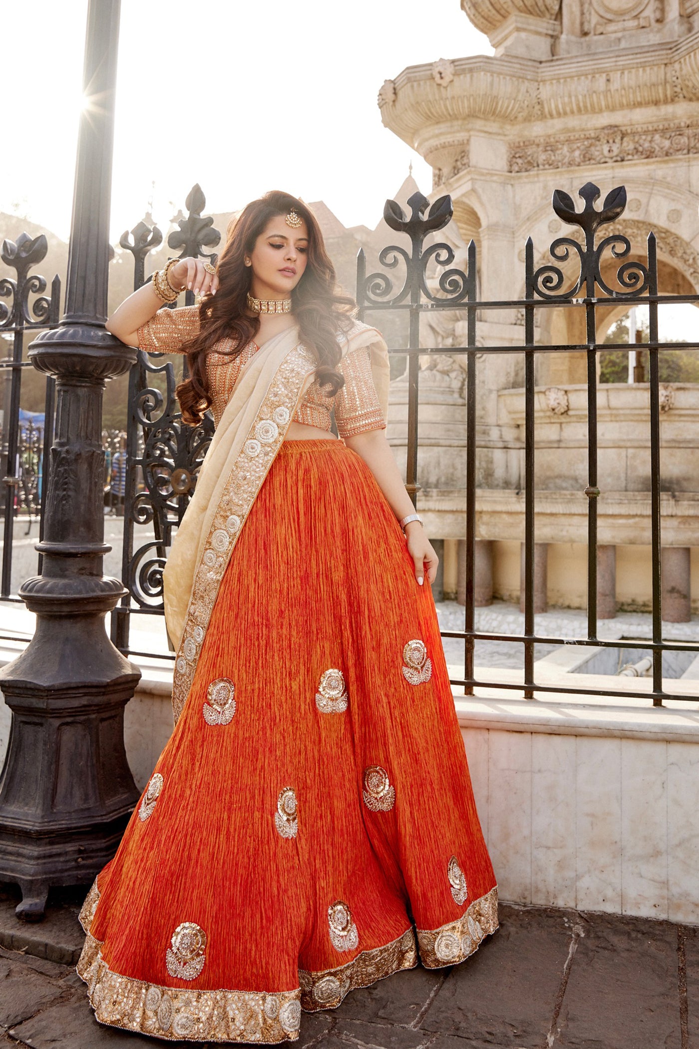 Tangerine Orange Crushed Silk Lehenga Set