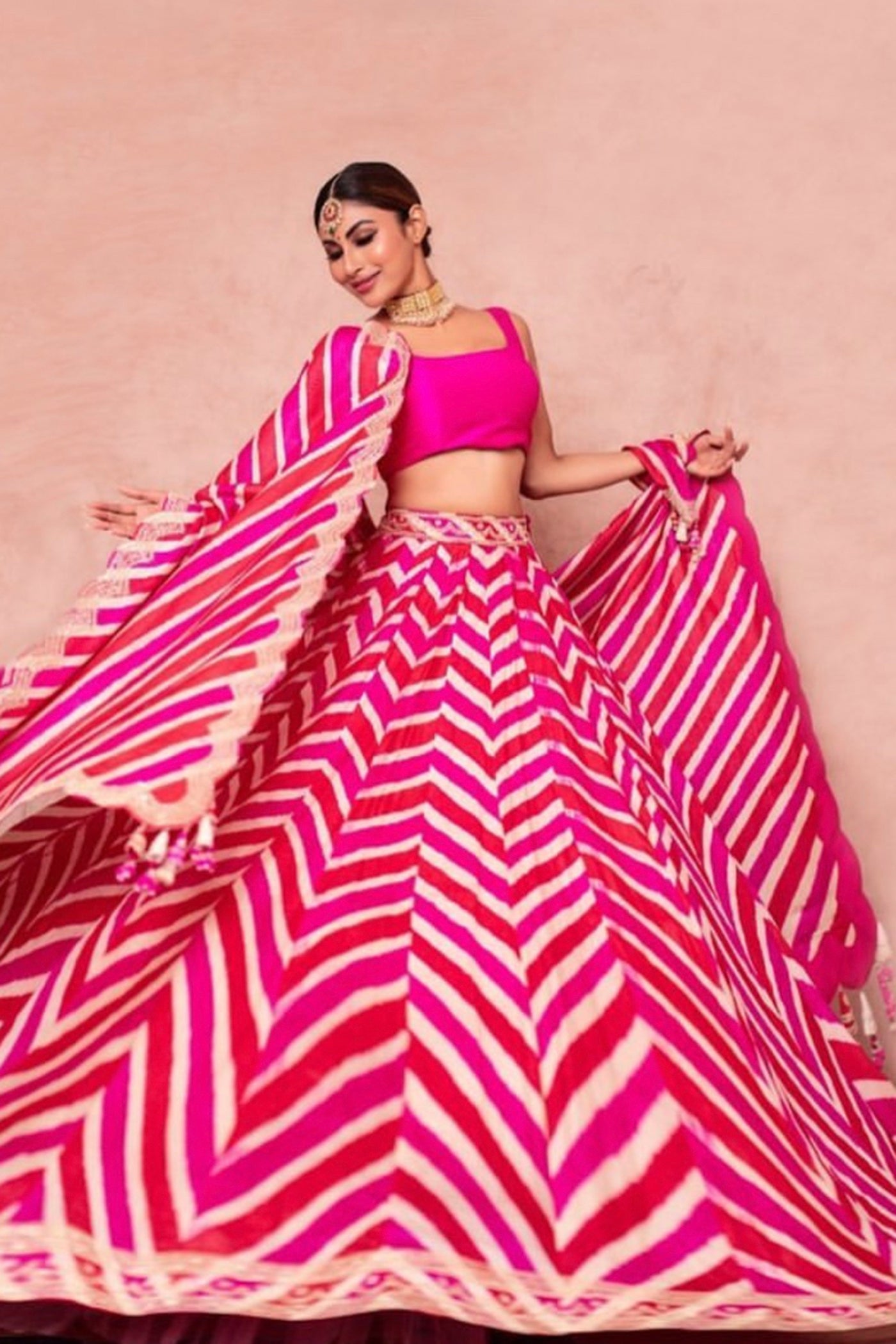 Pink Tussar Silk Leheriya Lehenga Set