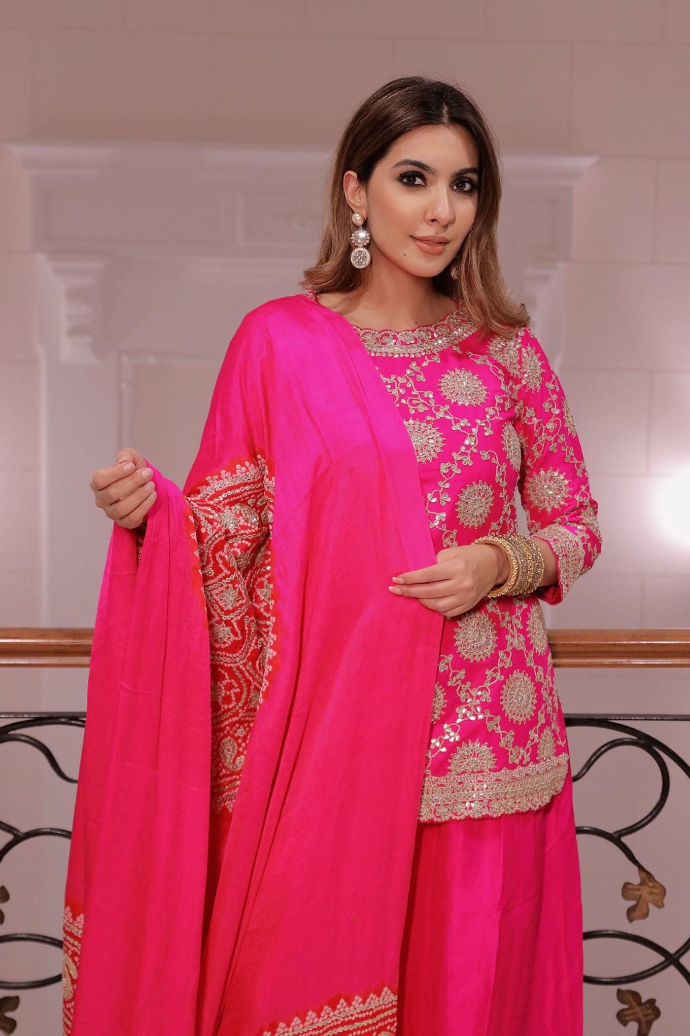 Hot Pink Embroidered Kurta Sharara Set