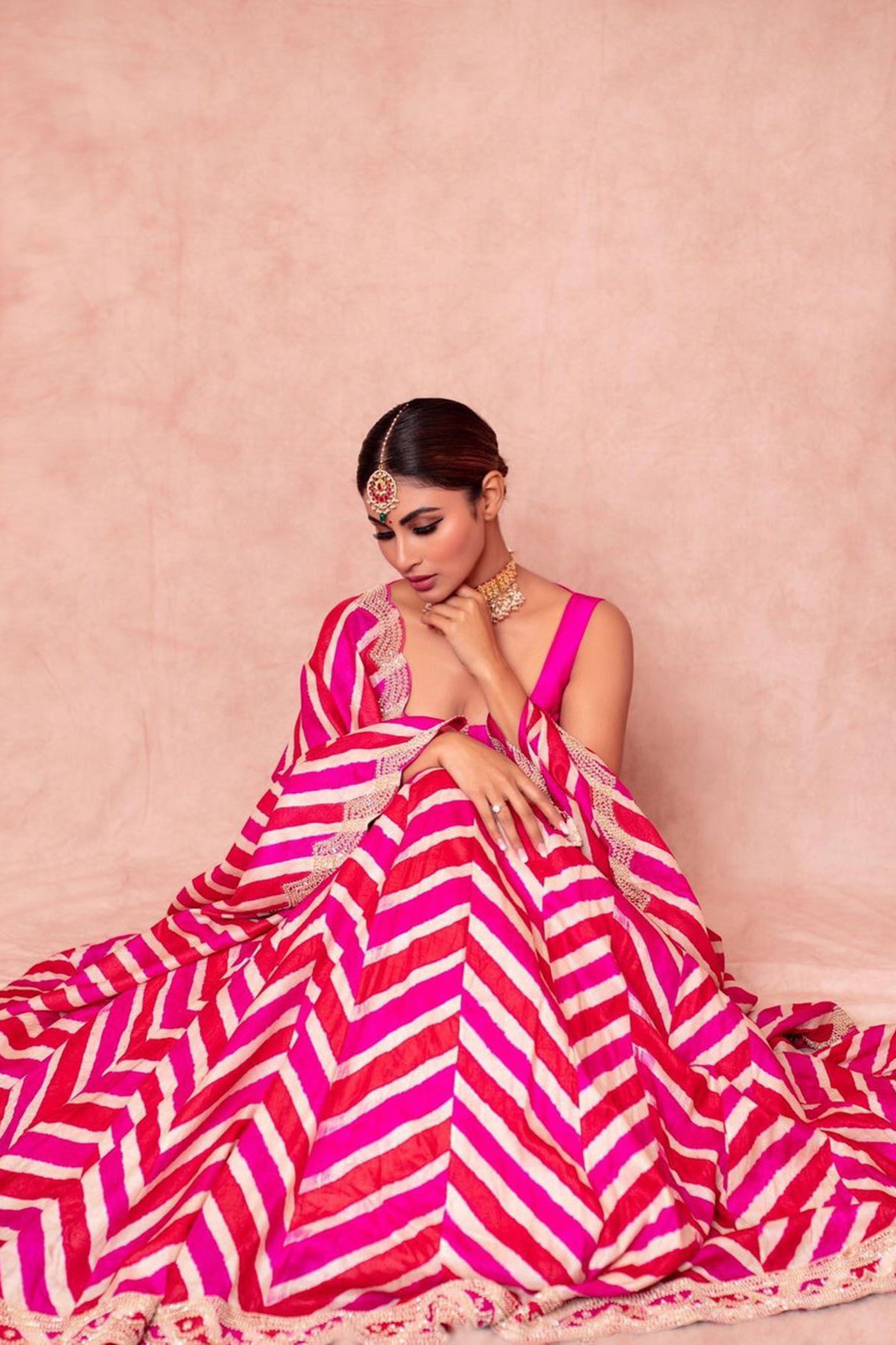 Pink Tussar Silk Leheriya Lehenga Set