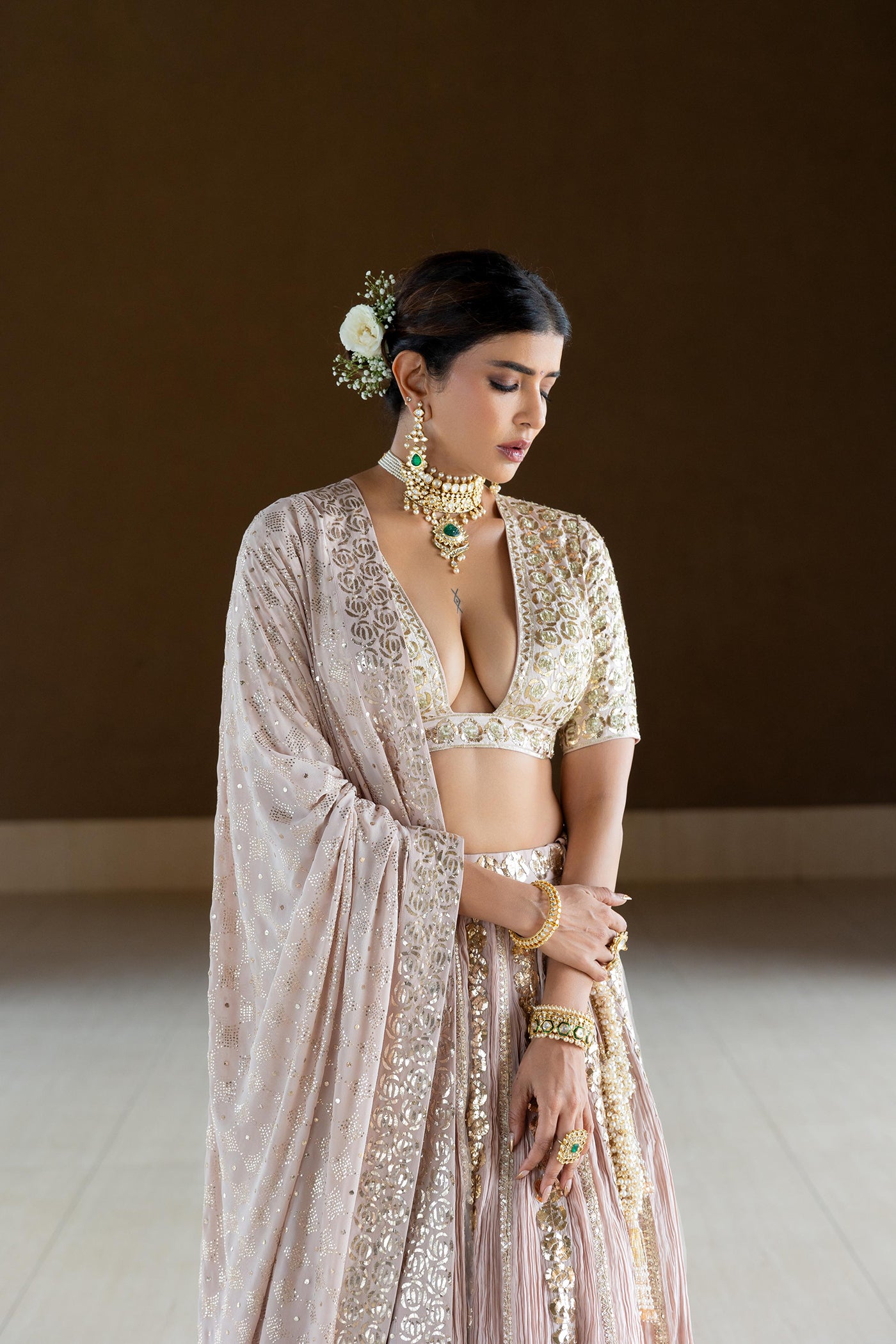 ONION PINK CRUSHED SILK LEHENGA SET