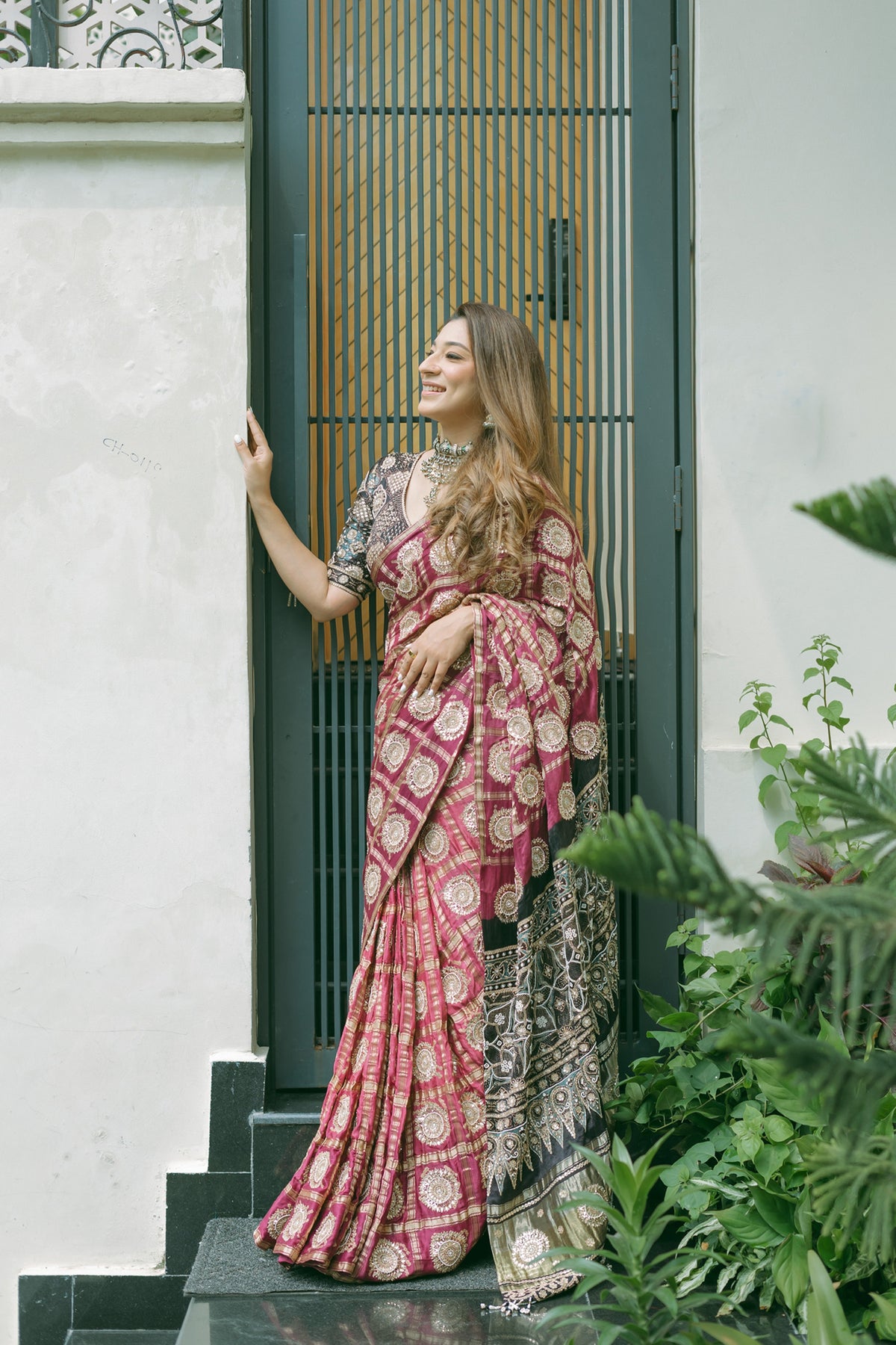 Pariza IN Wine Ghatchola Ajrak Saree With Blouse