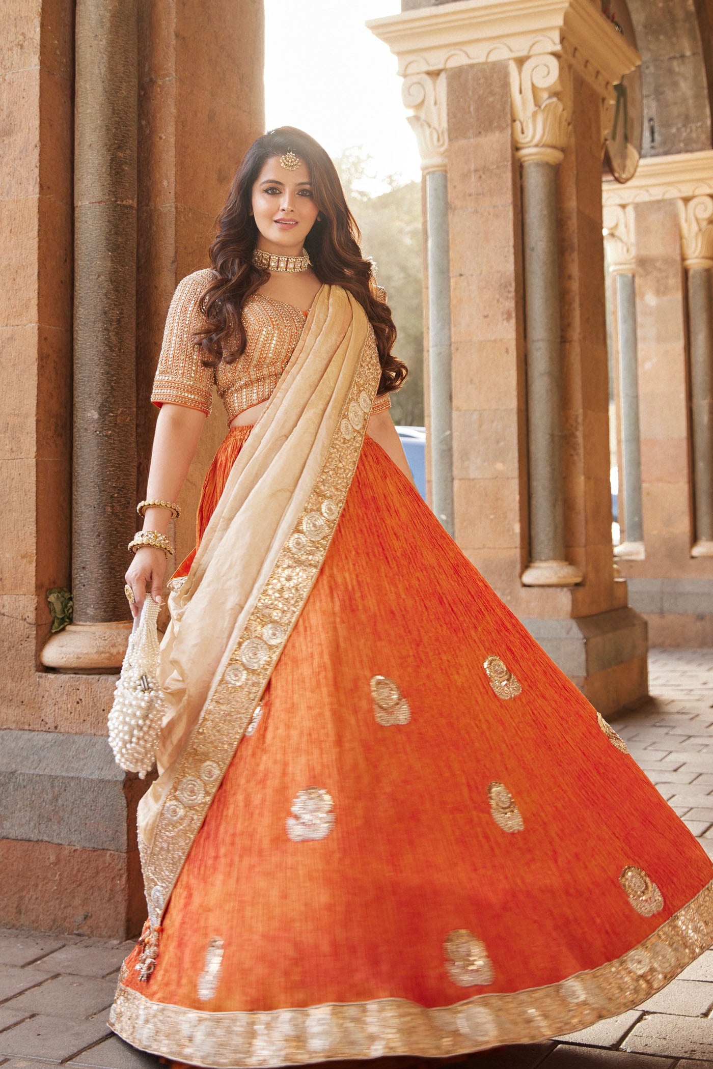 Tangerine Orange Crushed Silk Lehenga Set