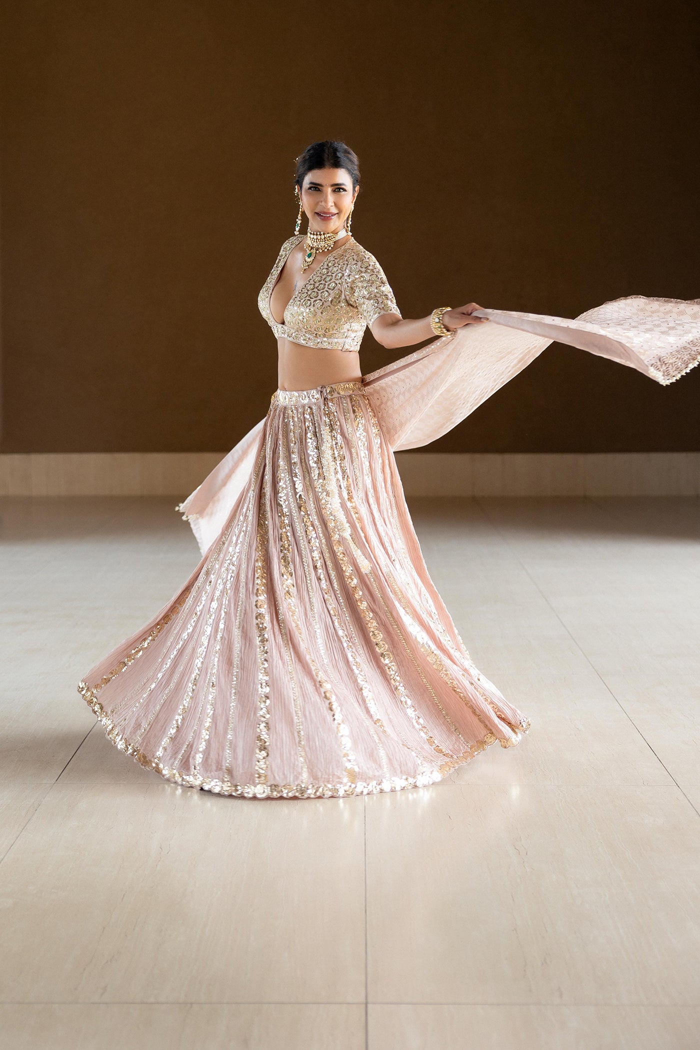 ONION PINK CRUSHED SILK LEHENGA SET
