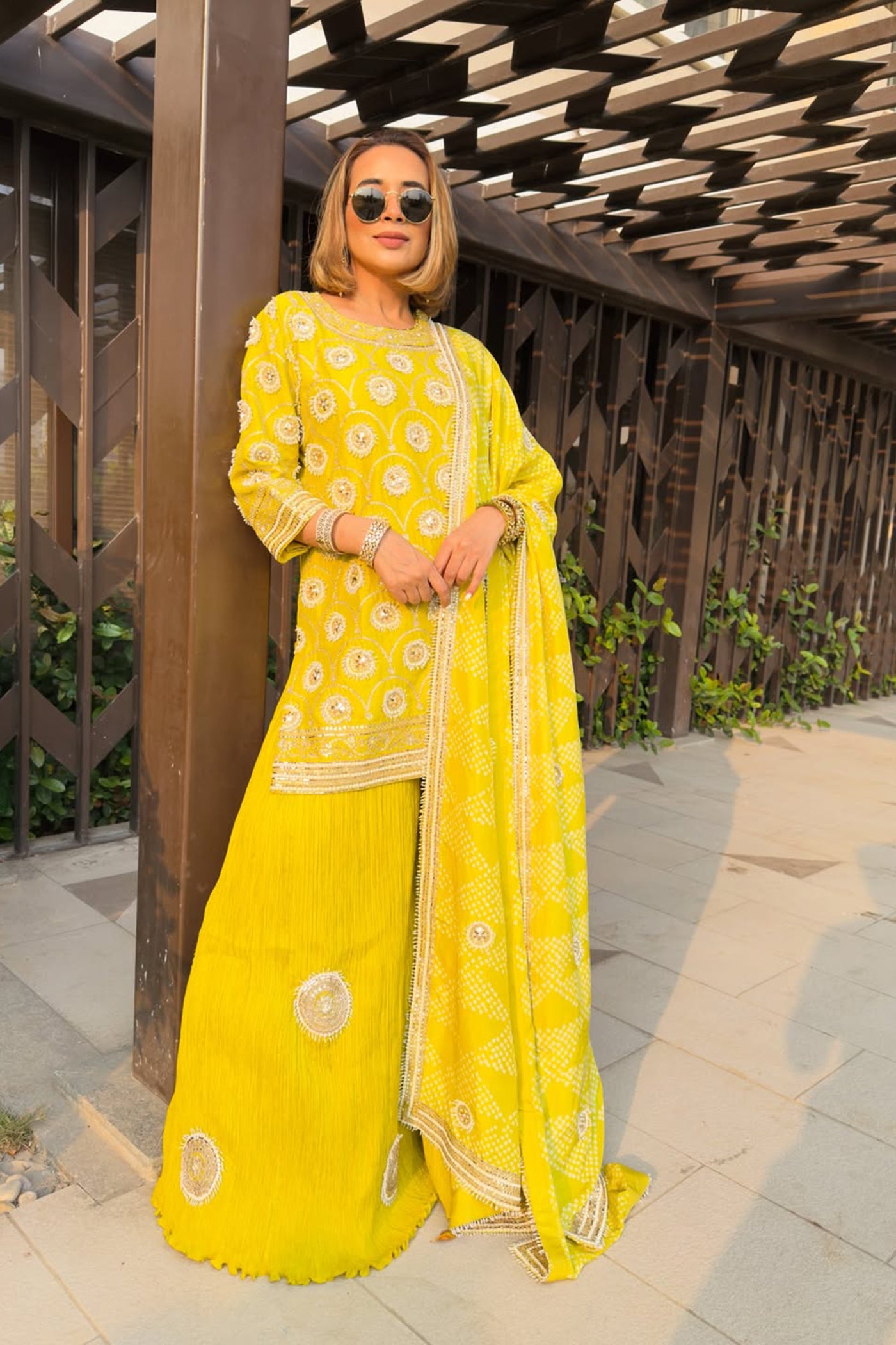 PRIYANKA YADAV In Green pearl work crush sharara set with bandhani dupatta