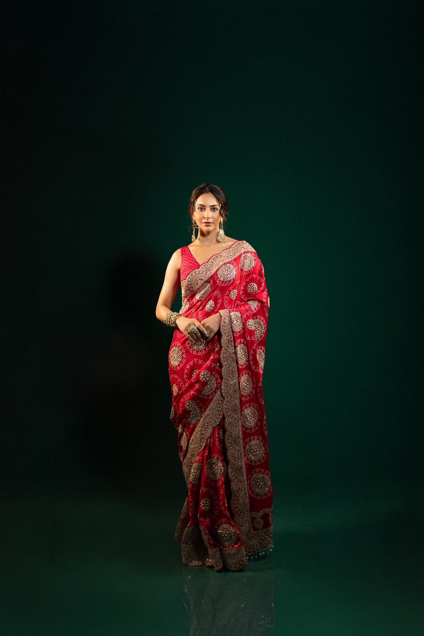 RED GAJJI SILK BANDHANI SAREE SET