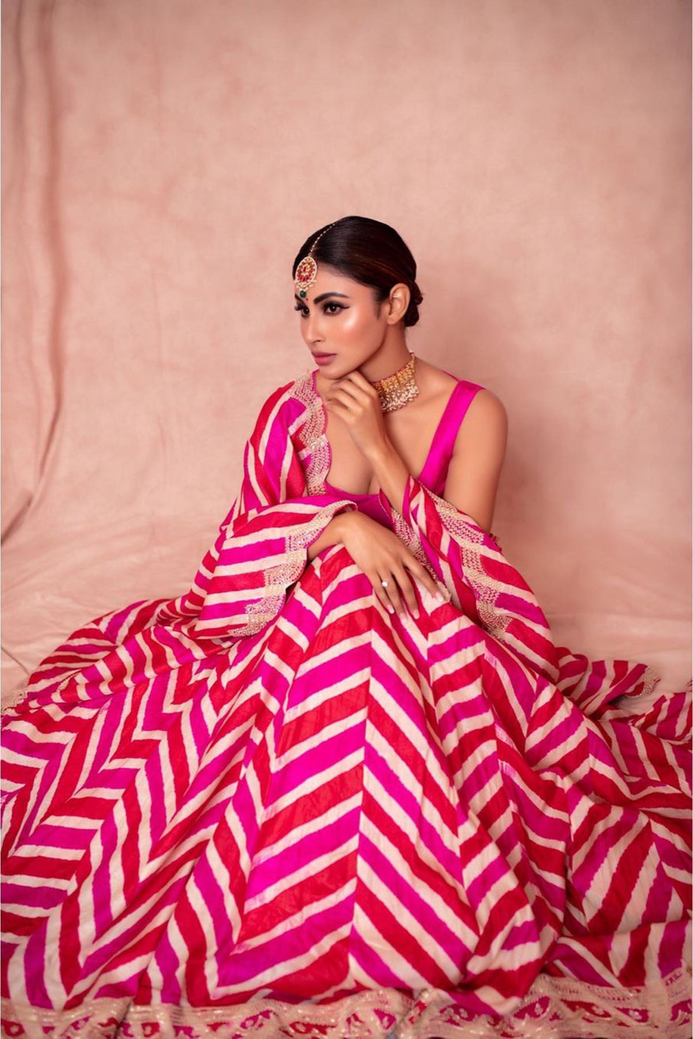 Pink Tussar Silk Leheriya Lehenga Set