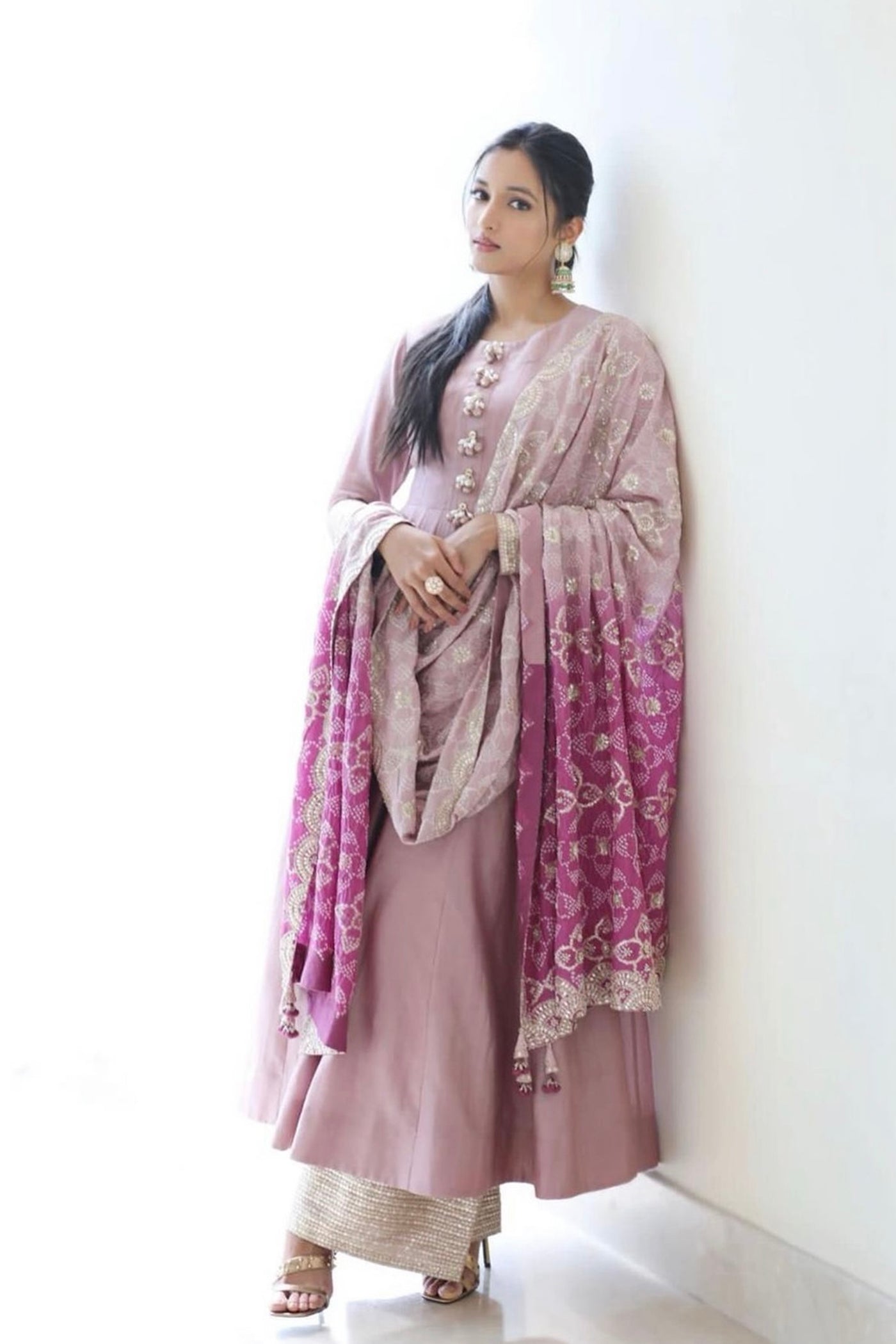 Lavender-anarkali Set with Bandhani Dupatta