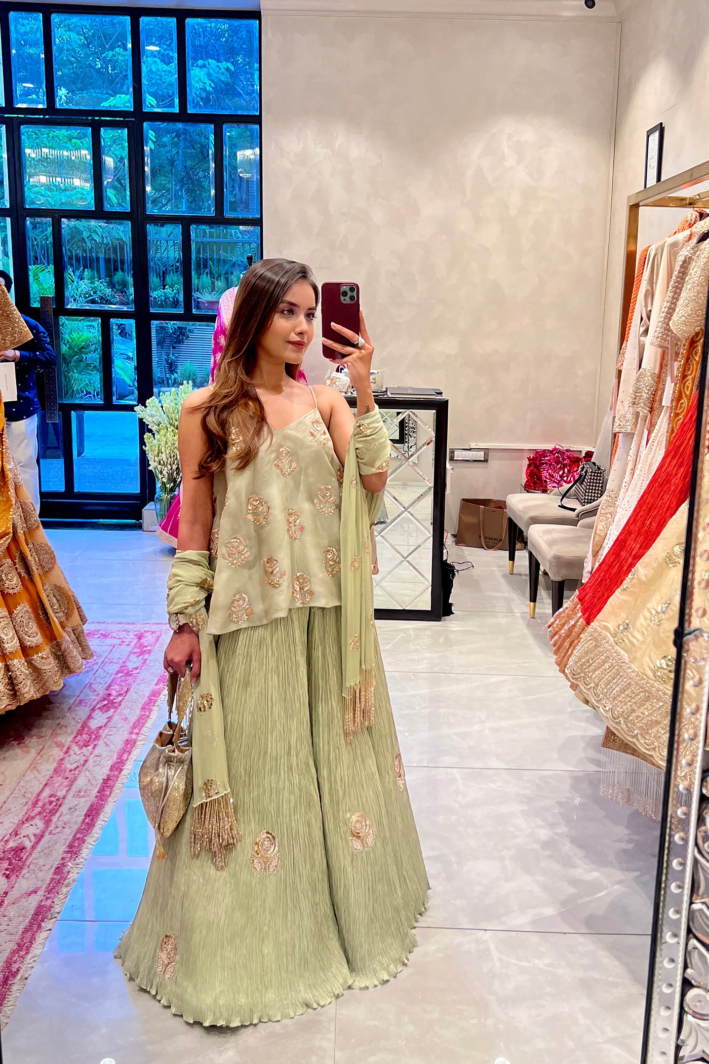 Sage Green Embroidered Peplum Sharara Set