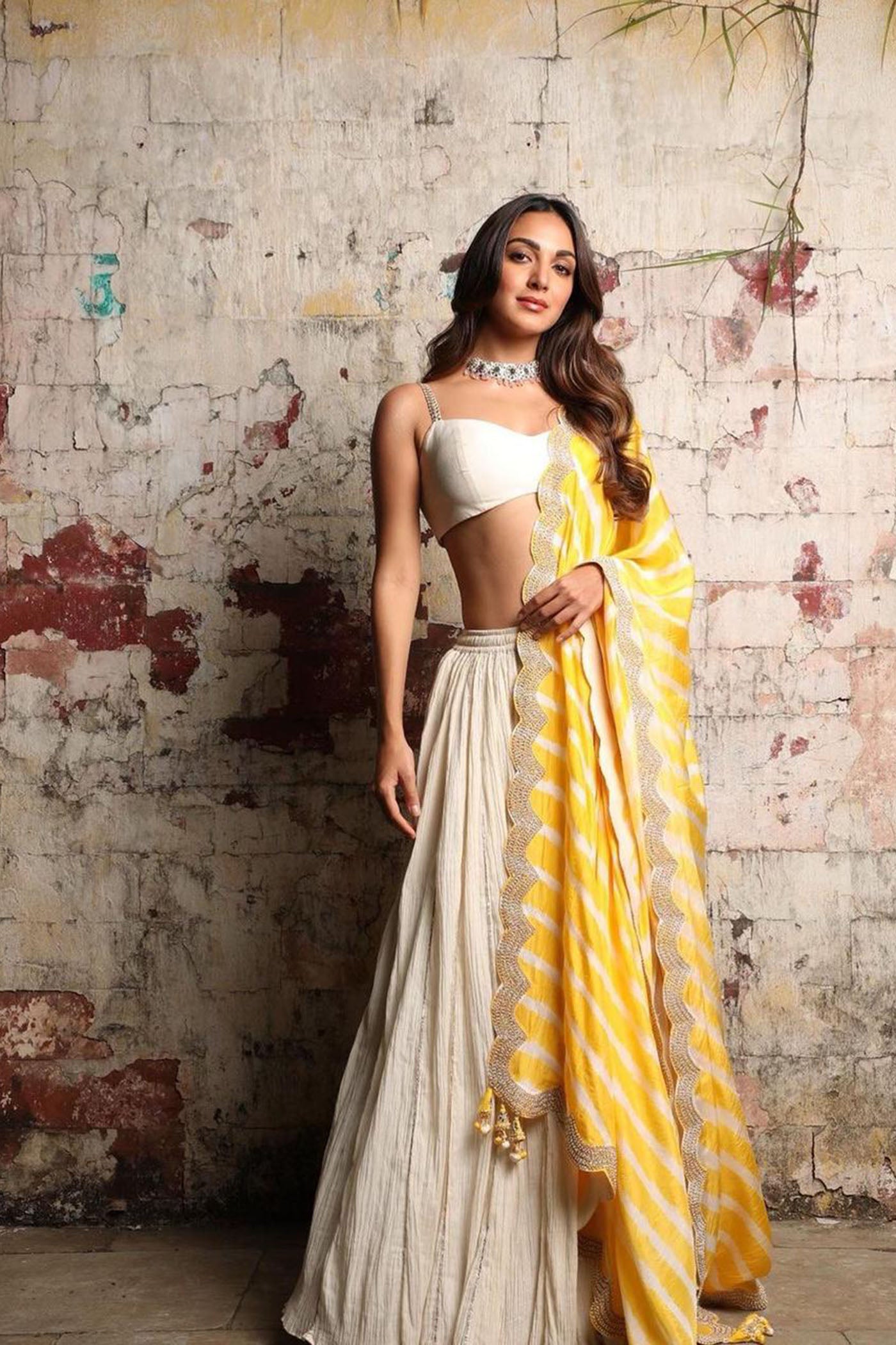 Ivory Crushed Lehenga Set With Leheriya Dupatta